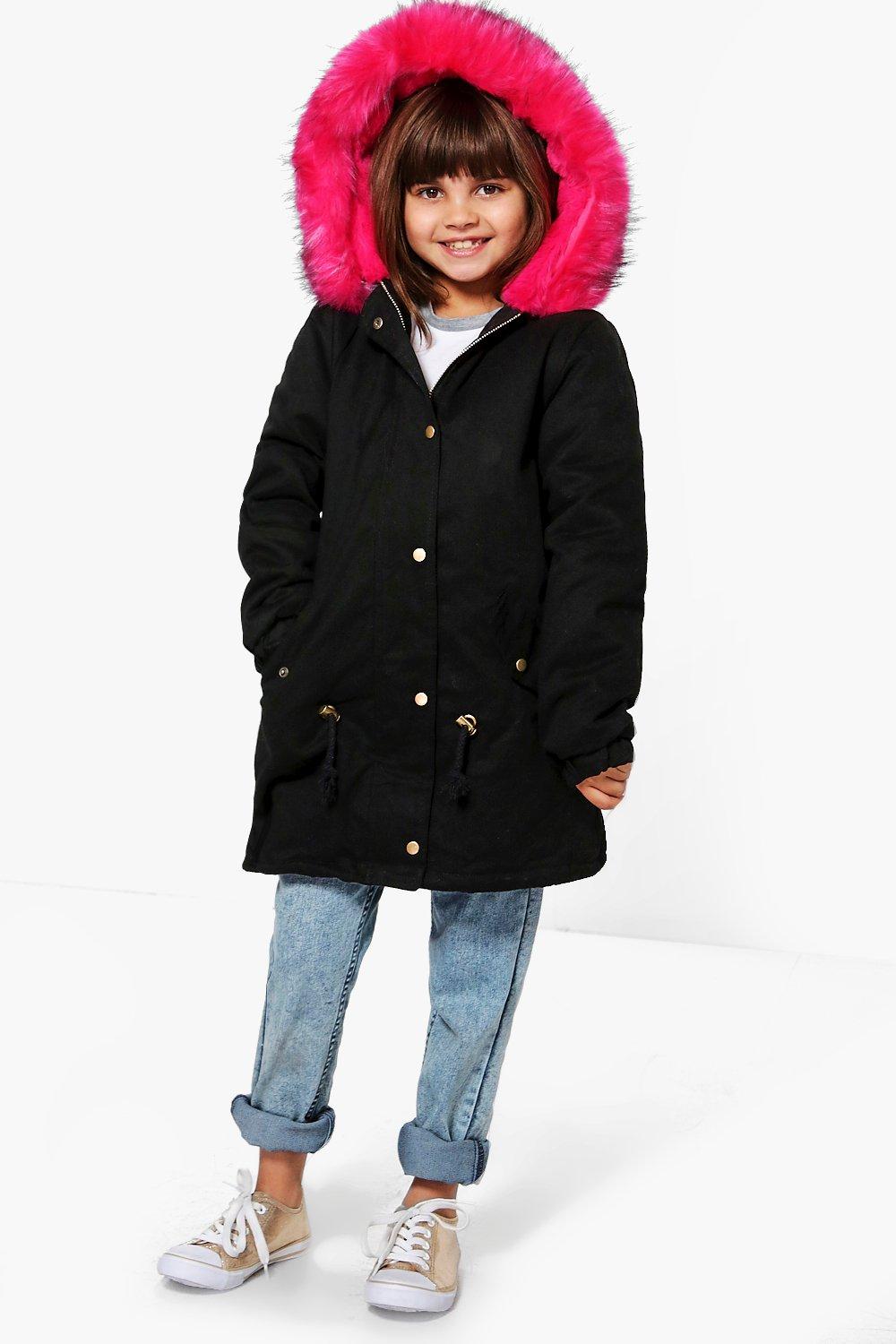 black parka with pink fur hood