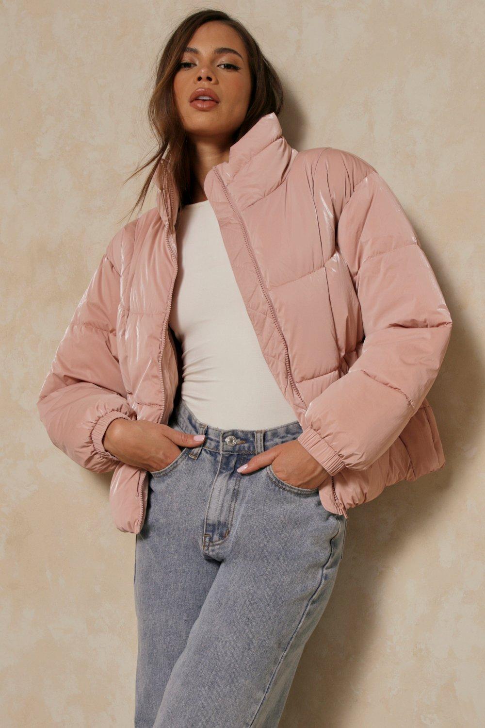 womens recycled velour look puffer jacket - blush - 10, blush