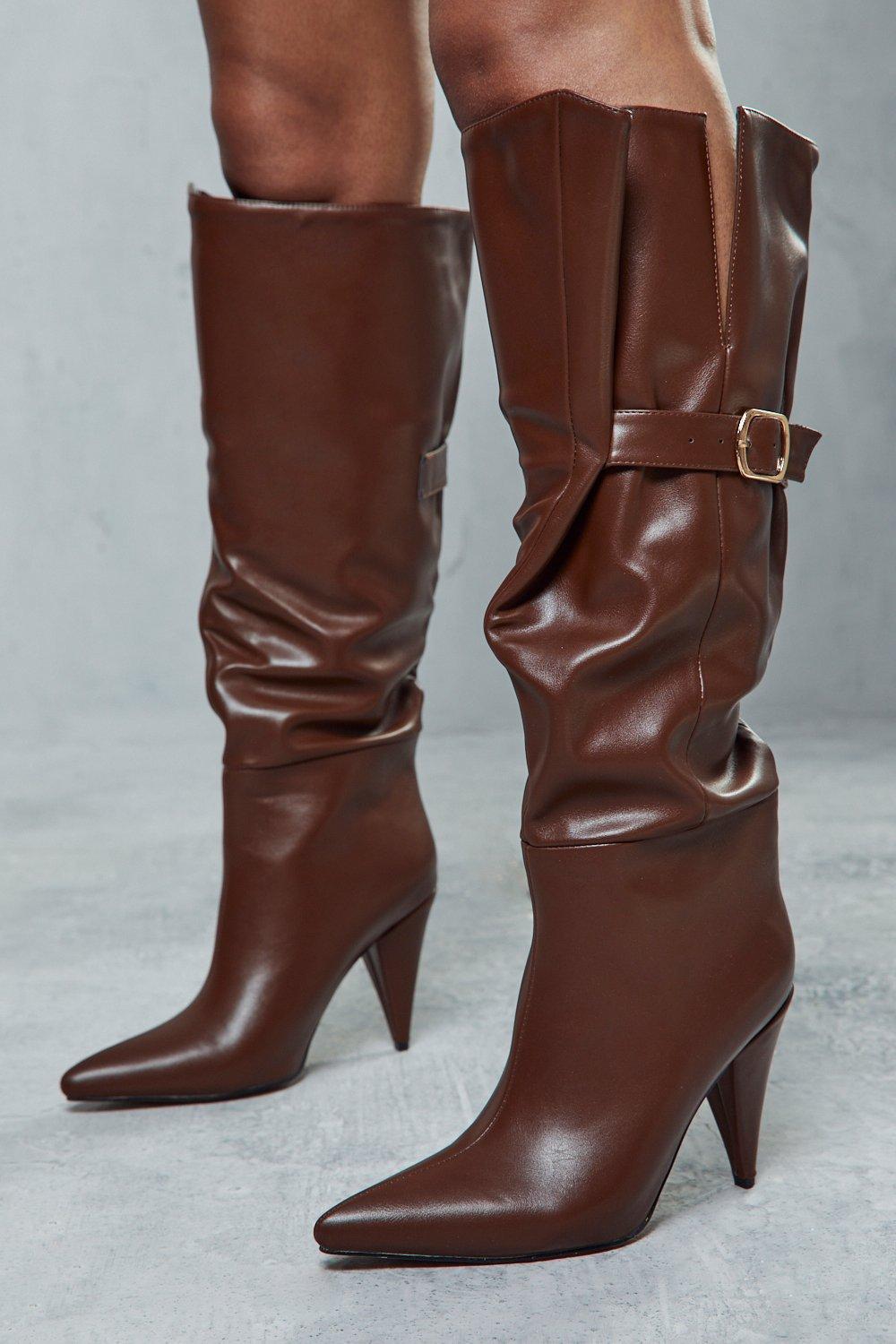 Womens Buckle Slouchy Knee High Boots - Chocolate - 3, Chocolate