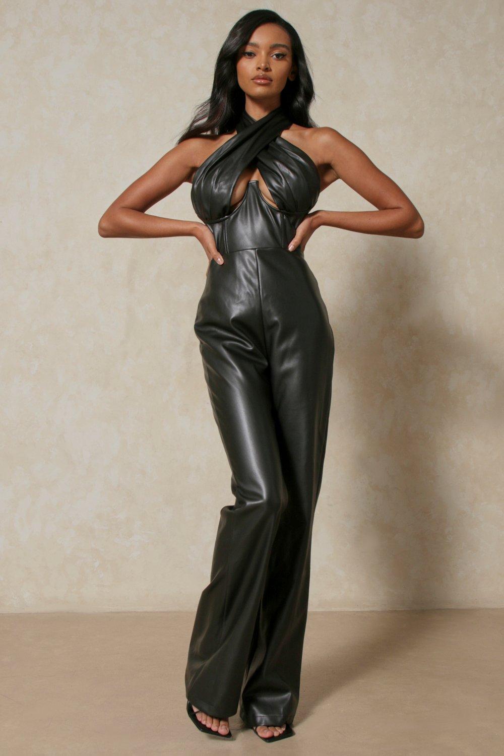 Womens Leather Look Cross Over Jumpsuit - Black - 14, Black