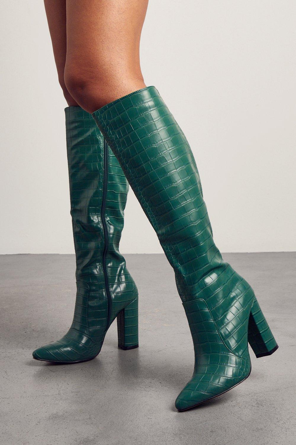 womens croc knee high heeled boots - green - 3, green