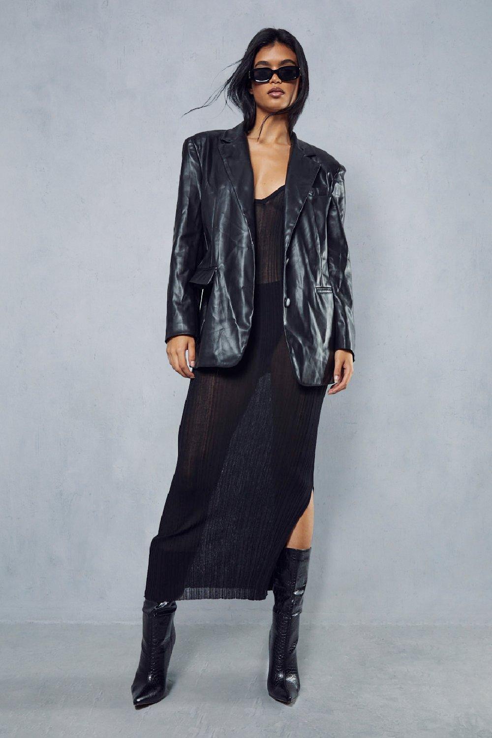 Womens Oversized Leather Look Blazer - Black - 10, Black