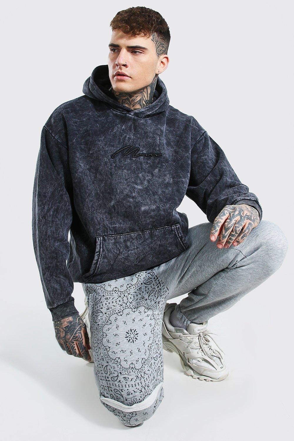 Boohooman Oversized Acid Wash 3D Embroidered Hoodie Homme charcoal