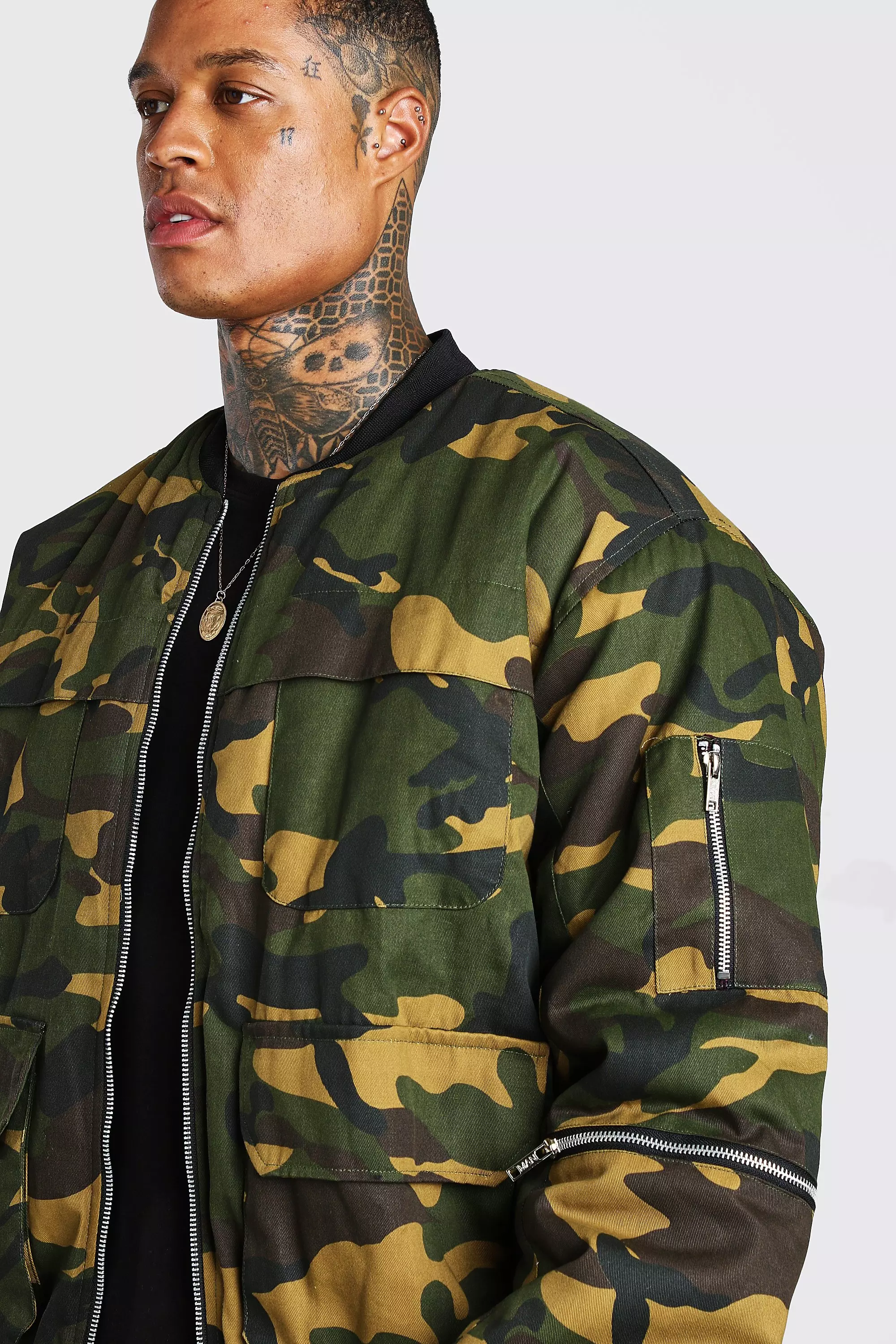 Oversized Camo Bomber Jacket | boohooMAN USA