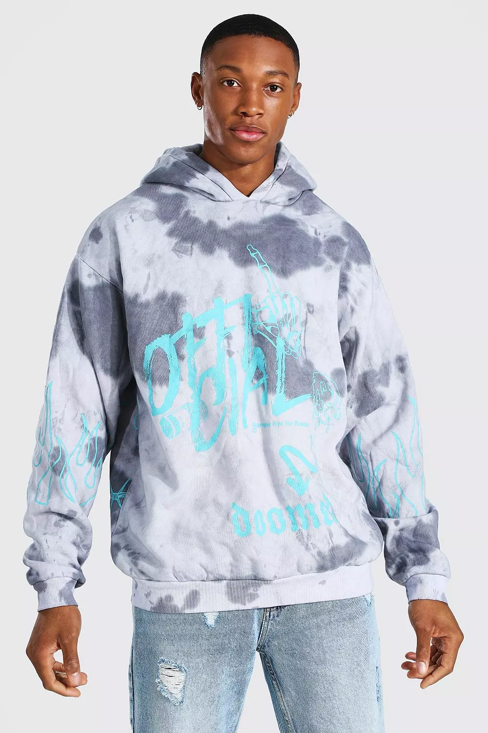 Oversized Official Flame Print Tie Dye Hoodie boohooMAN UK