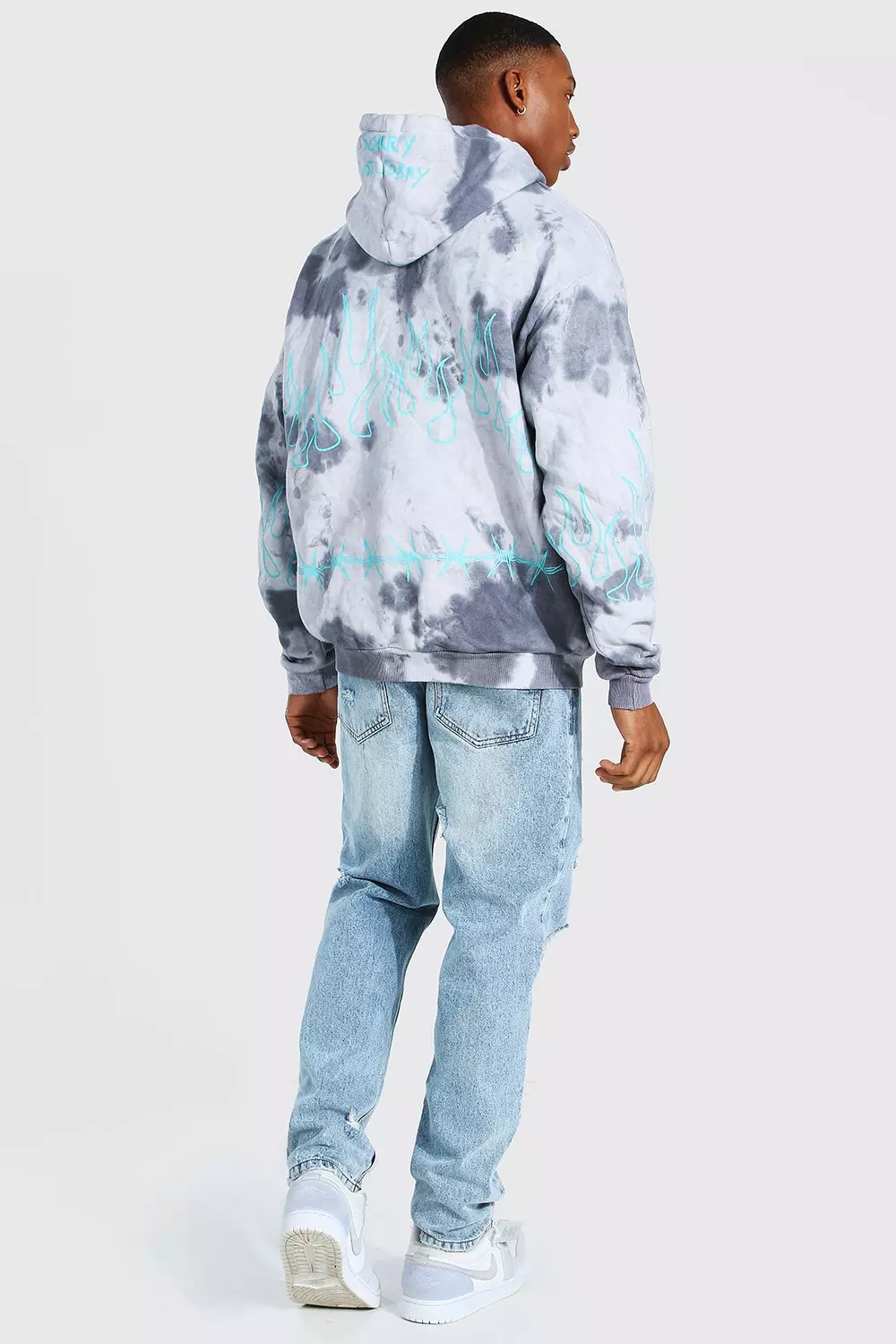 Oversized Official Flame Print Tie Dye Hoodie boohooMAN UK