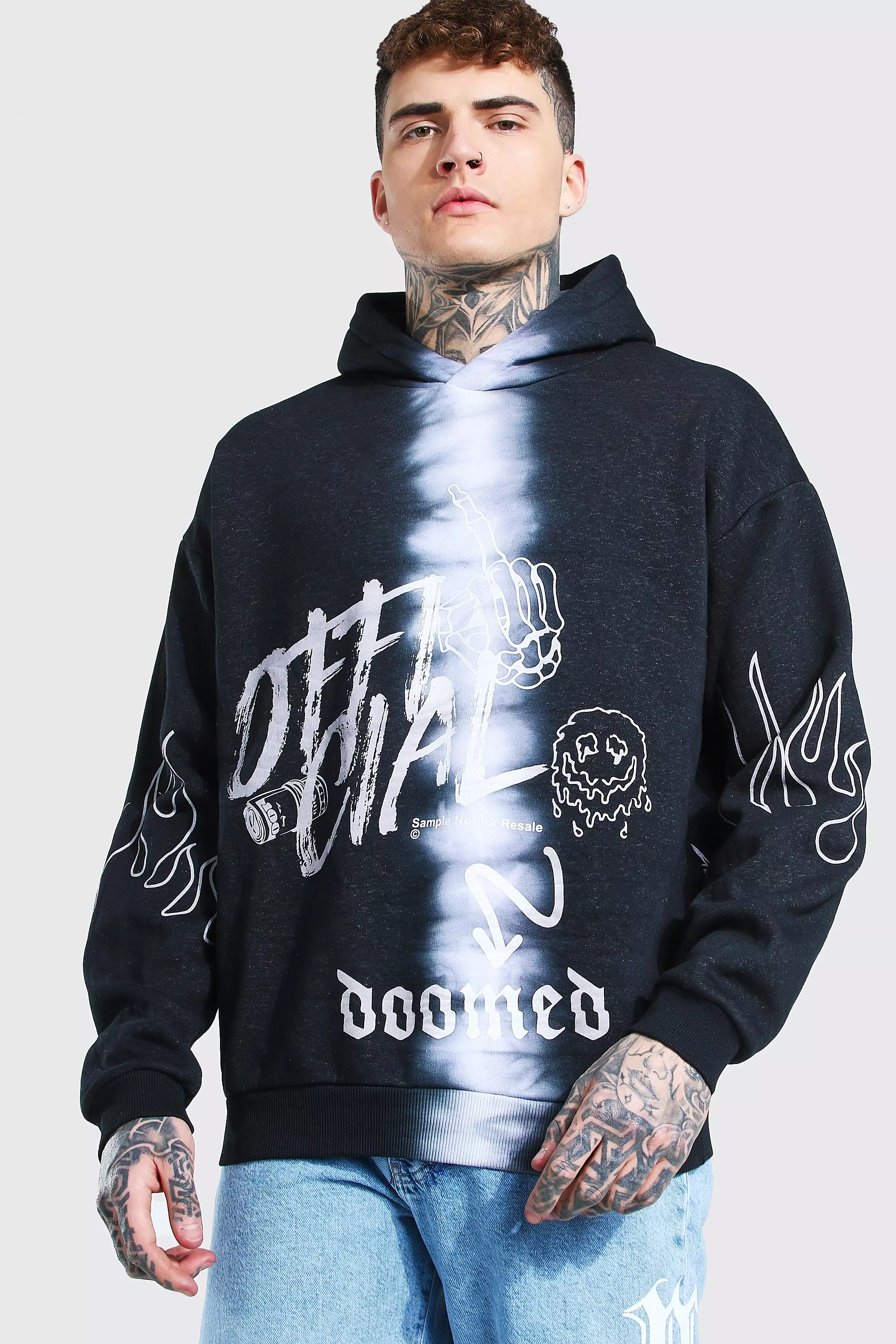 Oversized Official Flame Print Tie Dye Hoodie boohooMAN USA