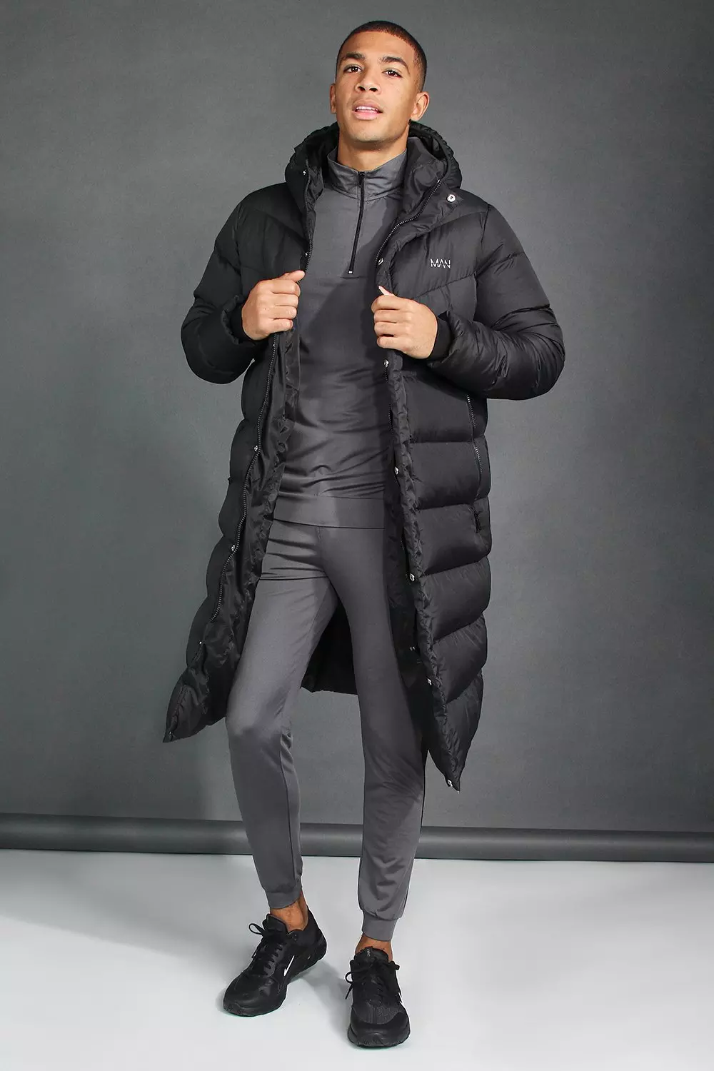 Mens long discount line puffer coat