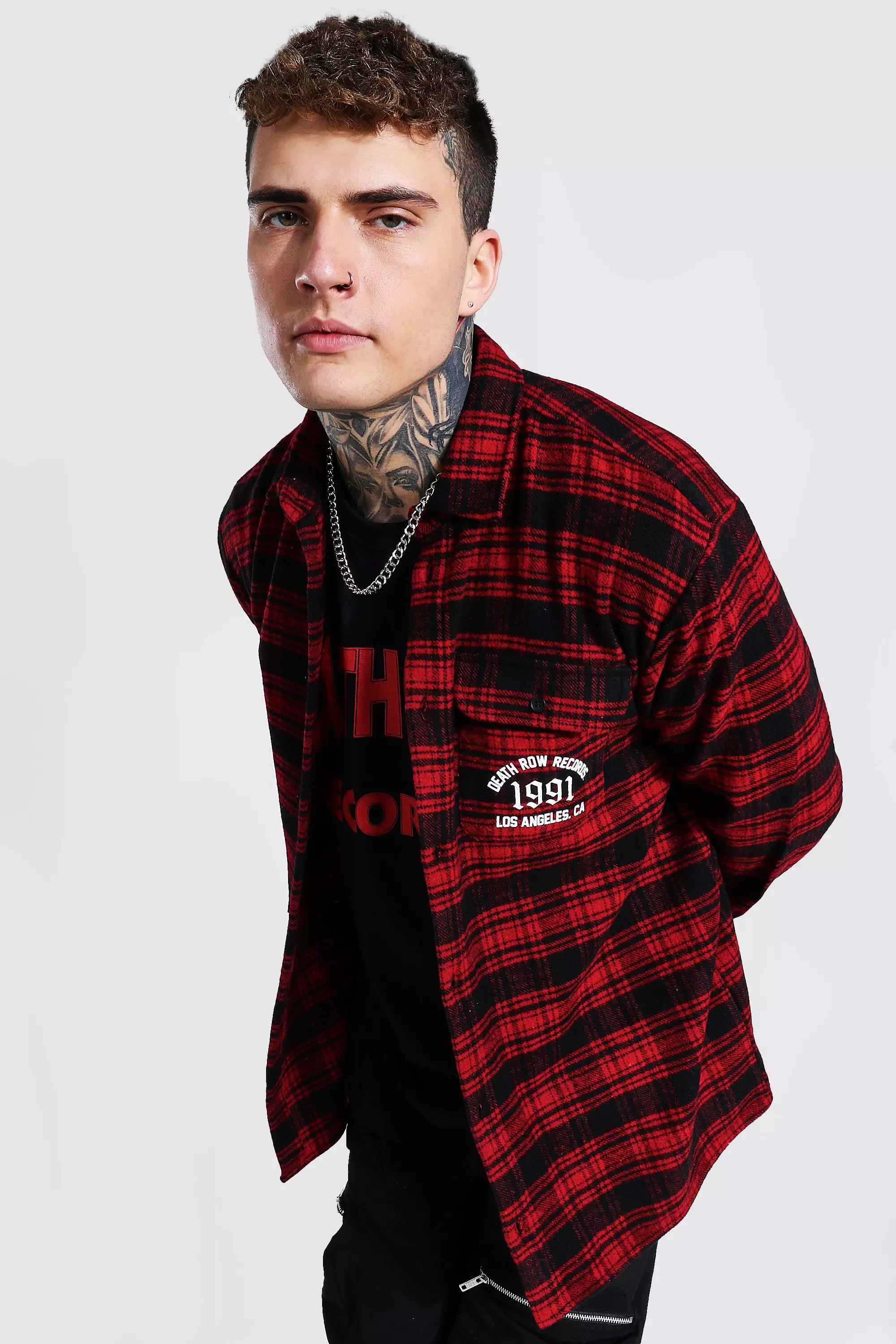 Oversized Death Row License Flannel Shirt boohooMAN USA