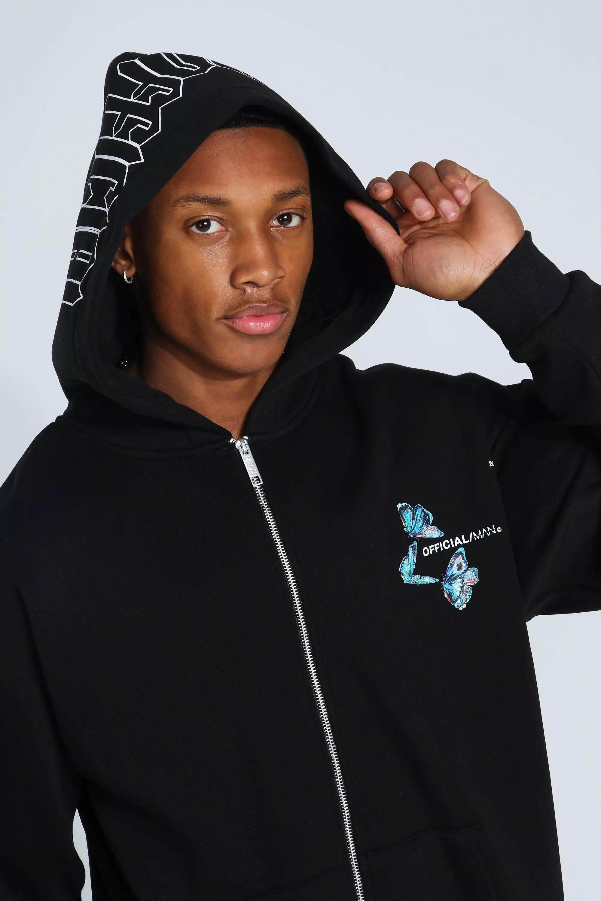 Oversized Hood Print Zip Through Hoodie