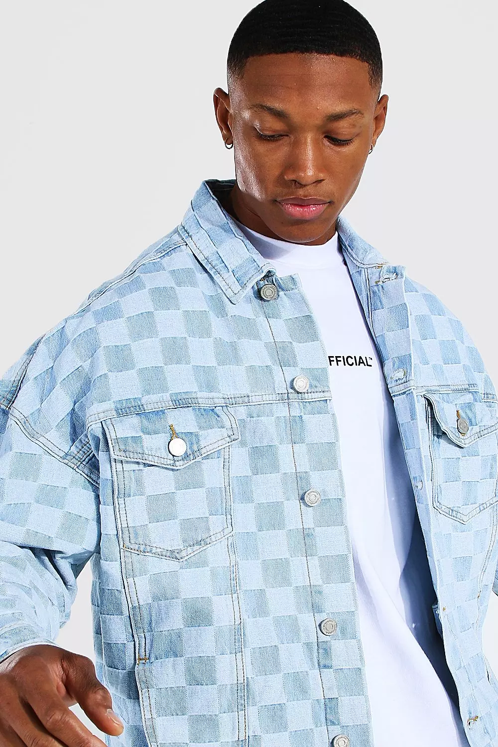 Blue Checkerboard Jacket For Men Fall Retro Trend Lapel Denim
