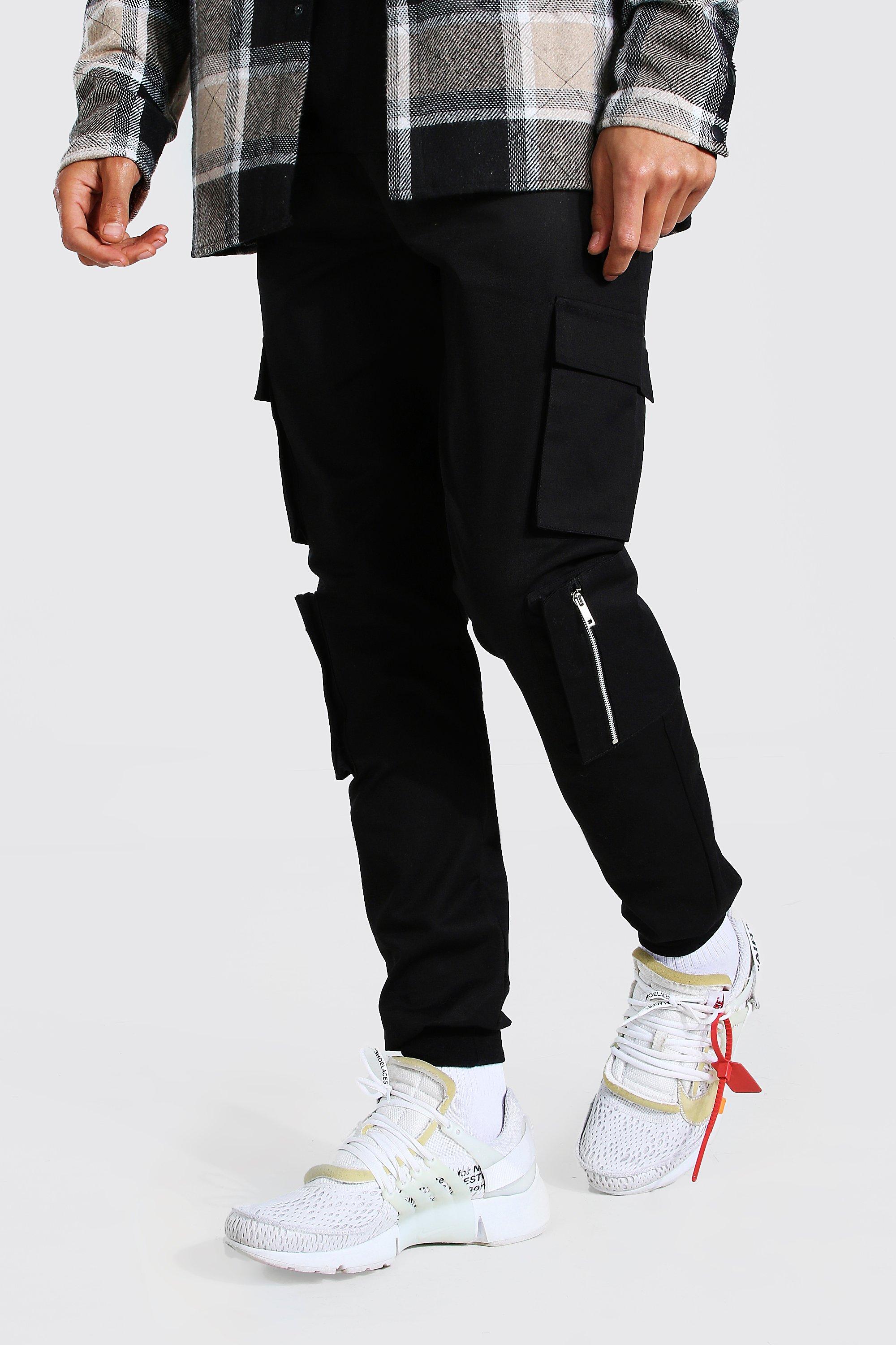 black cuffed cargo trousers mens