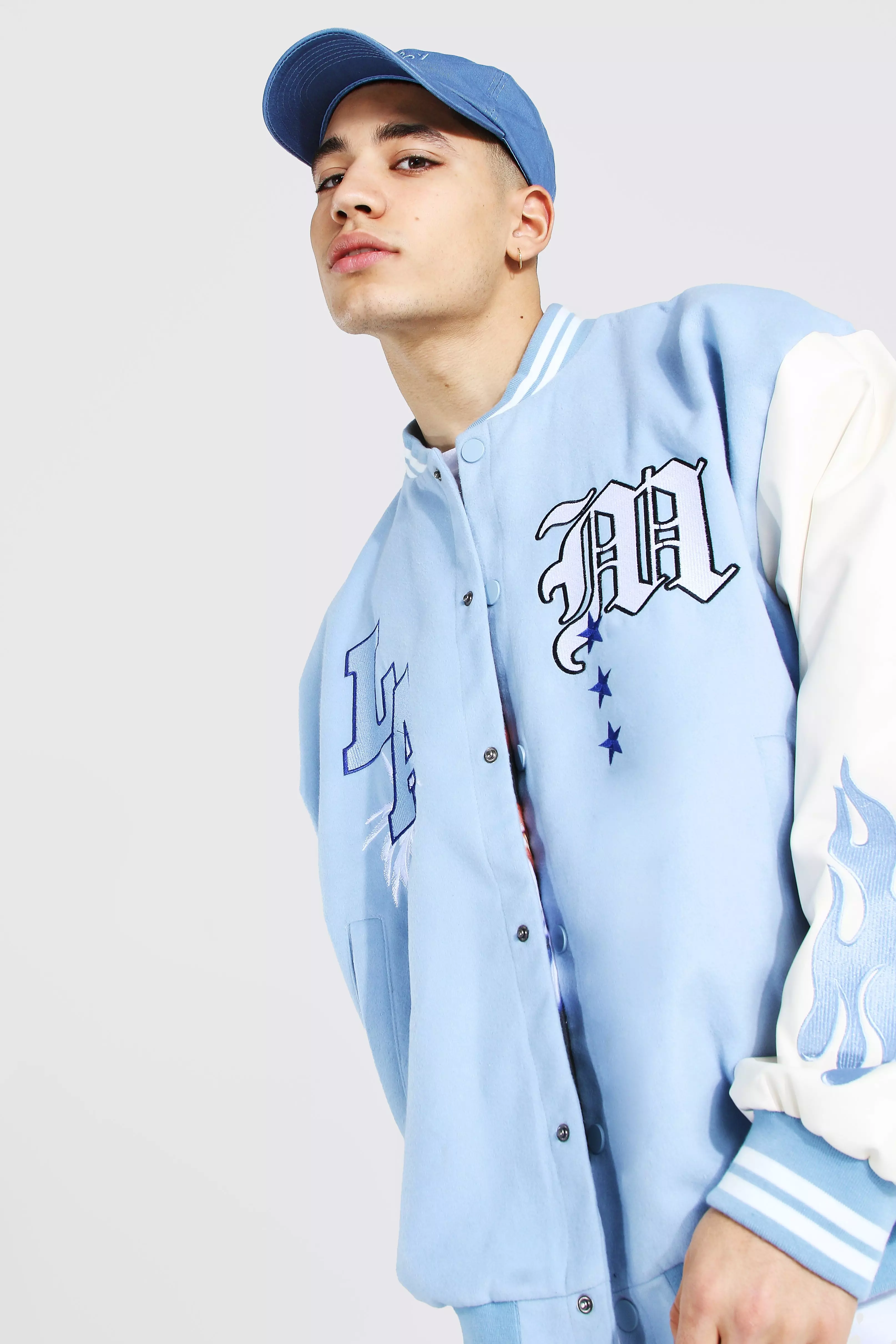 boohooman blue varsity jacket