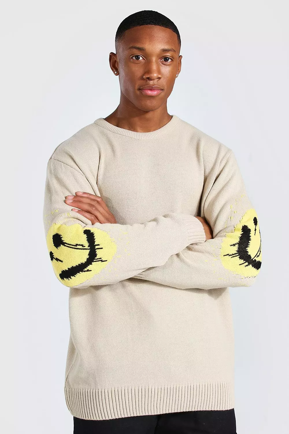 Oversized Gebreide Druipende Smiley Trui Met Crewneck boohooMAN