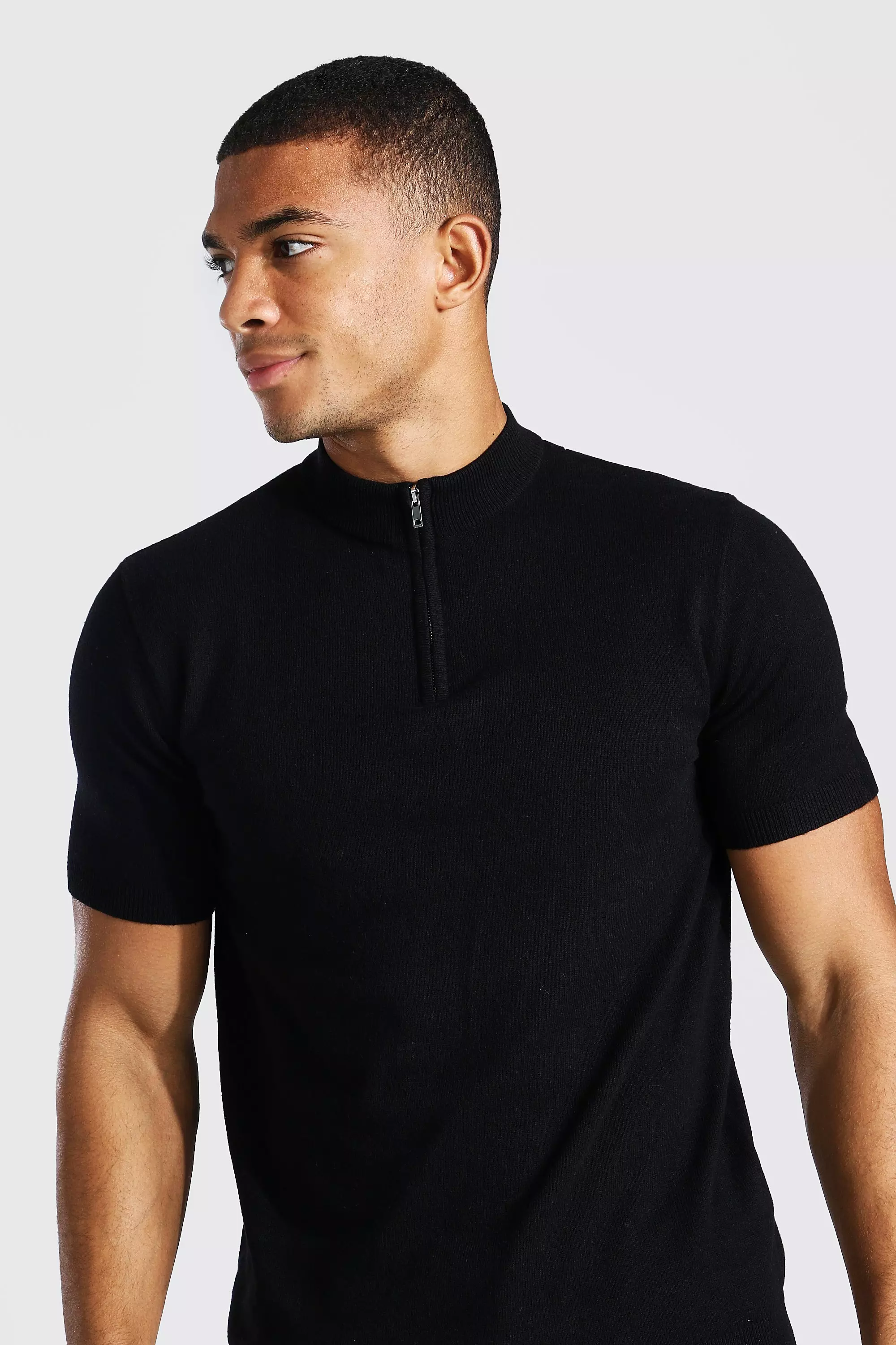 Short Sleeve Half Zip Turtle Neck Sweater boohooMAN USA