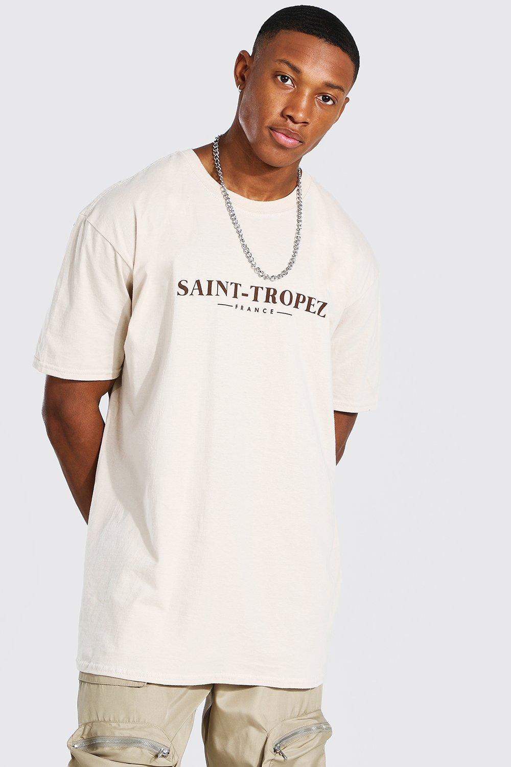 Mens Beige Oversized Saint Tropez Print T-shirt, Beige