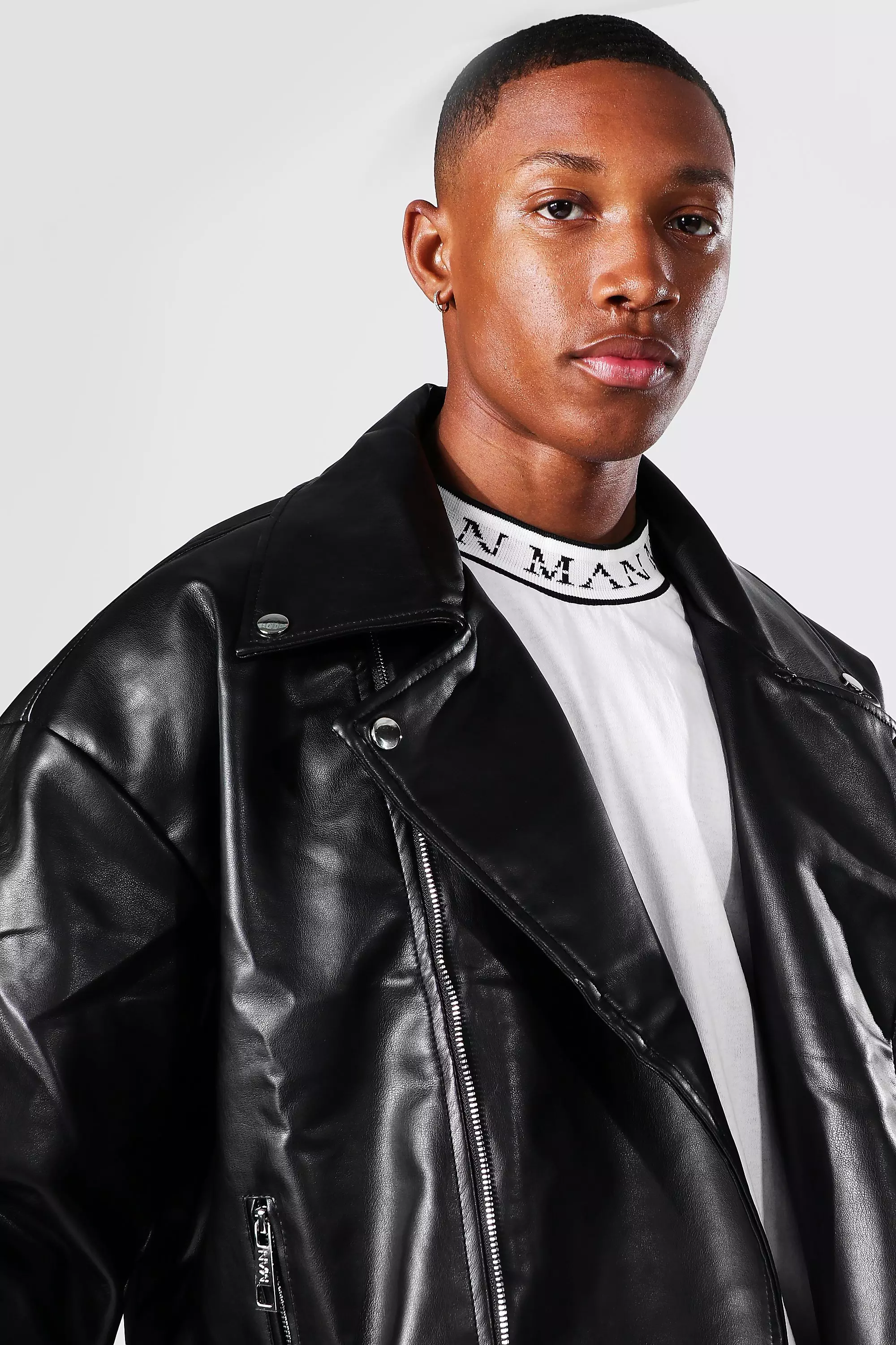 Leather Look Oversized Biker Jacket boohooMAN USA