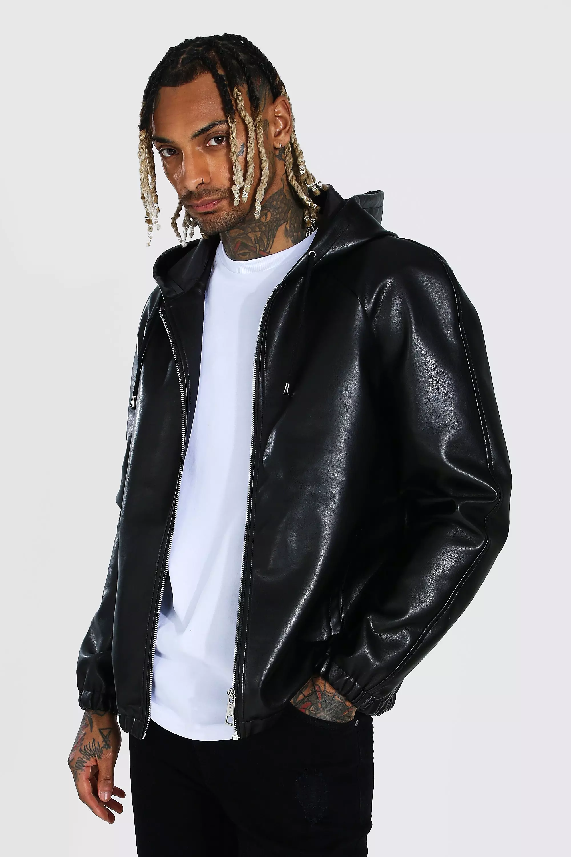 Leather Look Hooded Zip Through Jacket