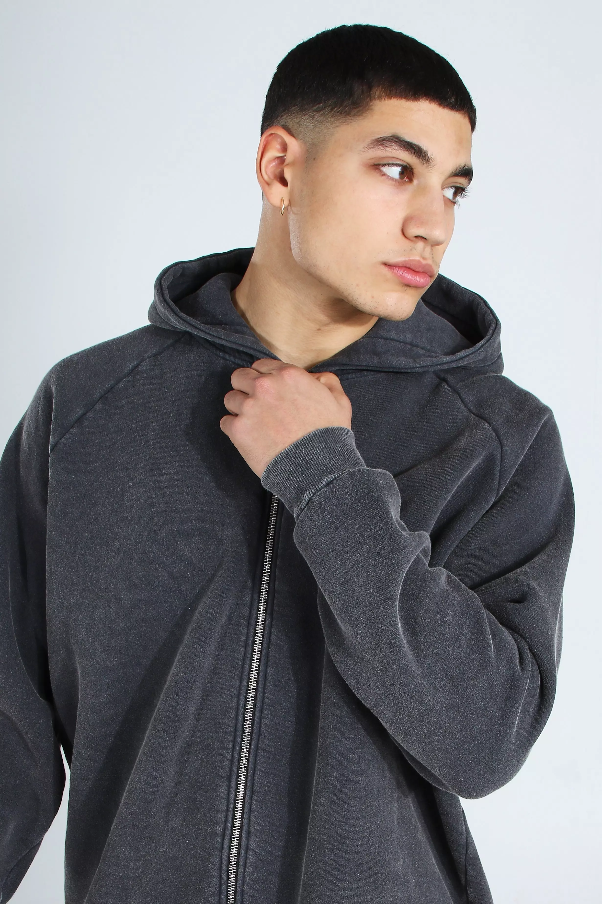 Oversized Washed Raglan Zip Hoodie