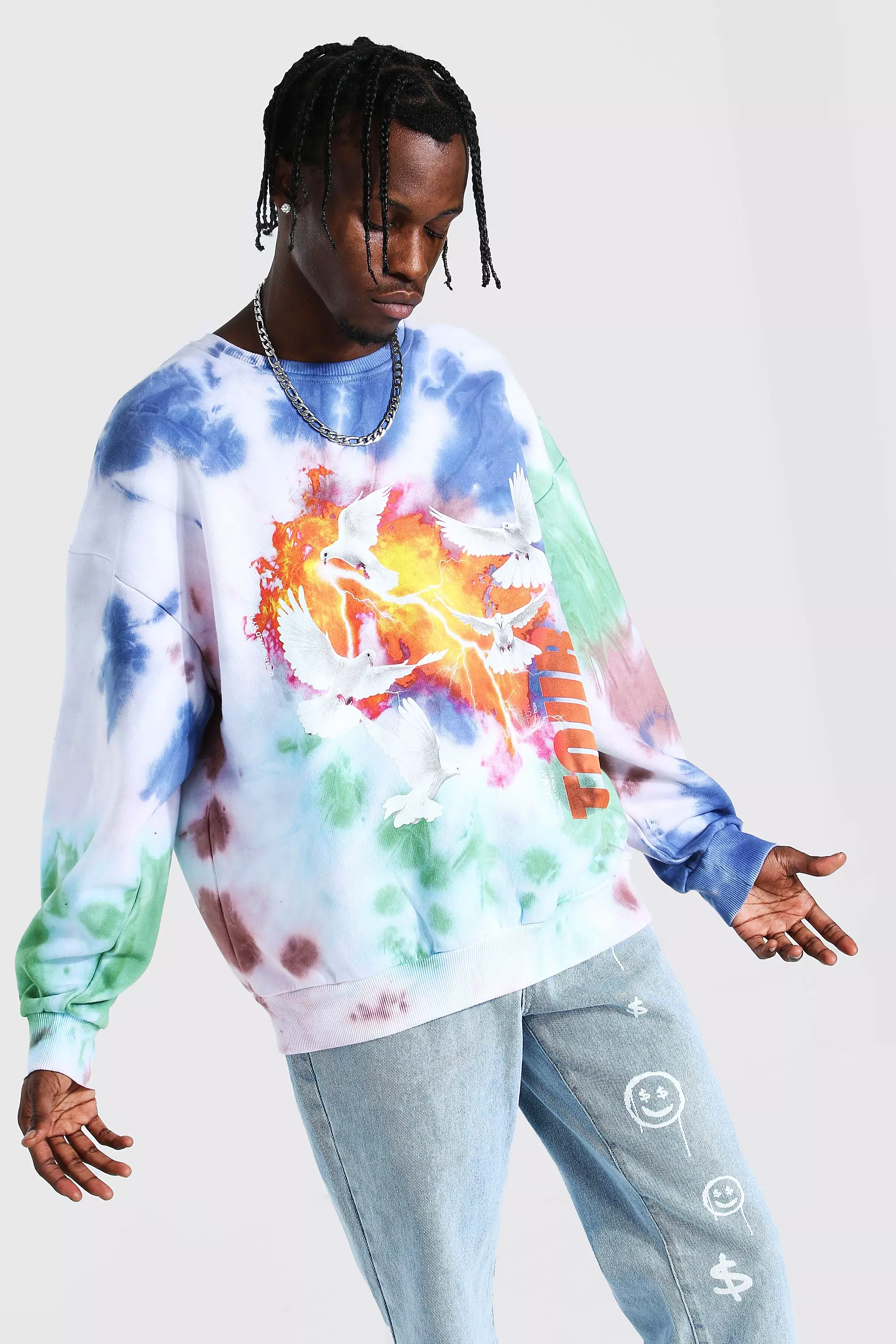 Oversized Dove Print Tie Dye Sweatshirt boohooMAN USA