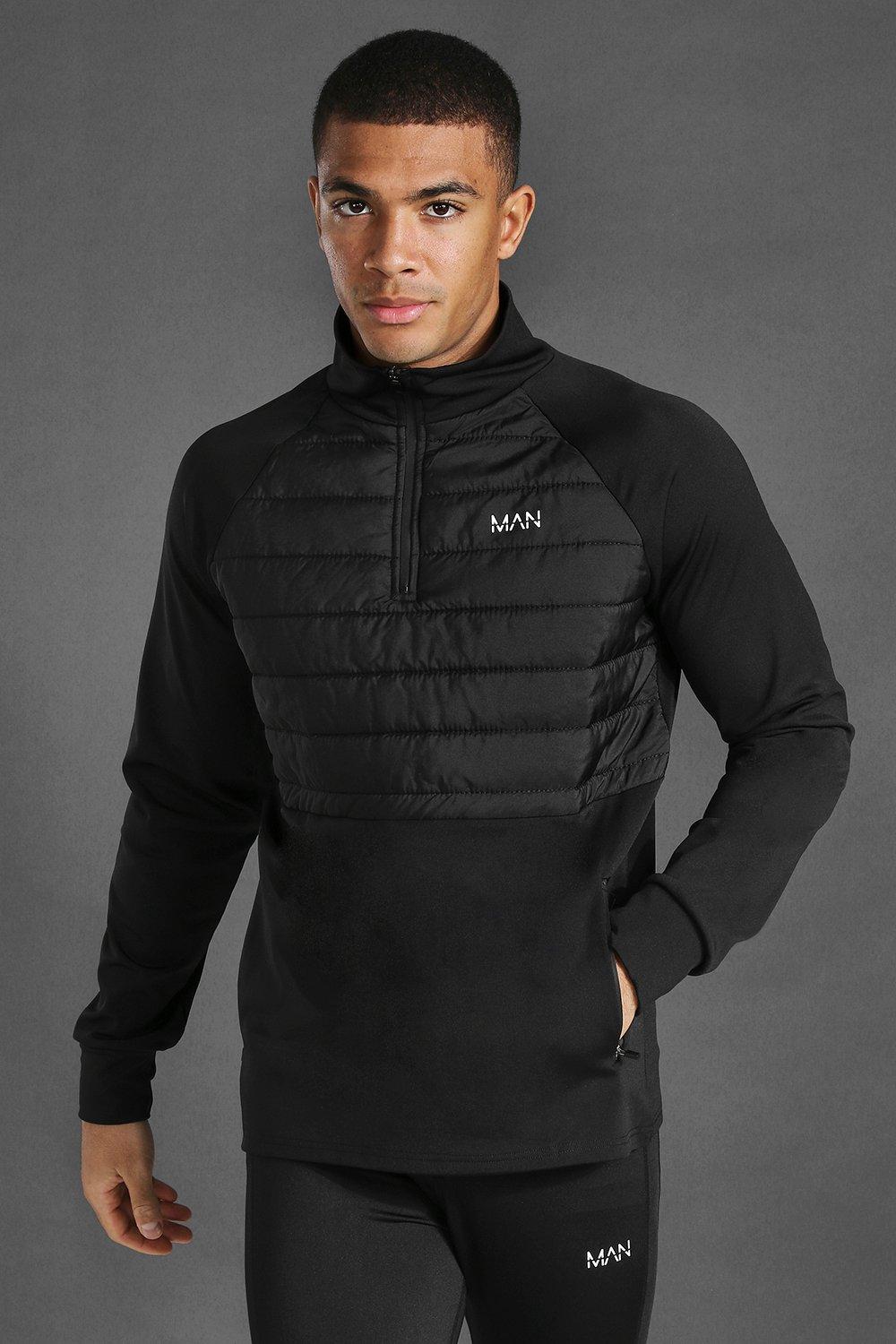 Mens Black Man Active Gym Quilted Regular Fit 1/4 Zip Top, Black