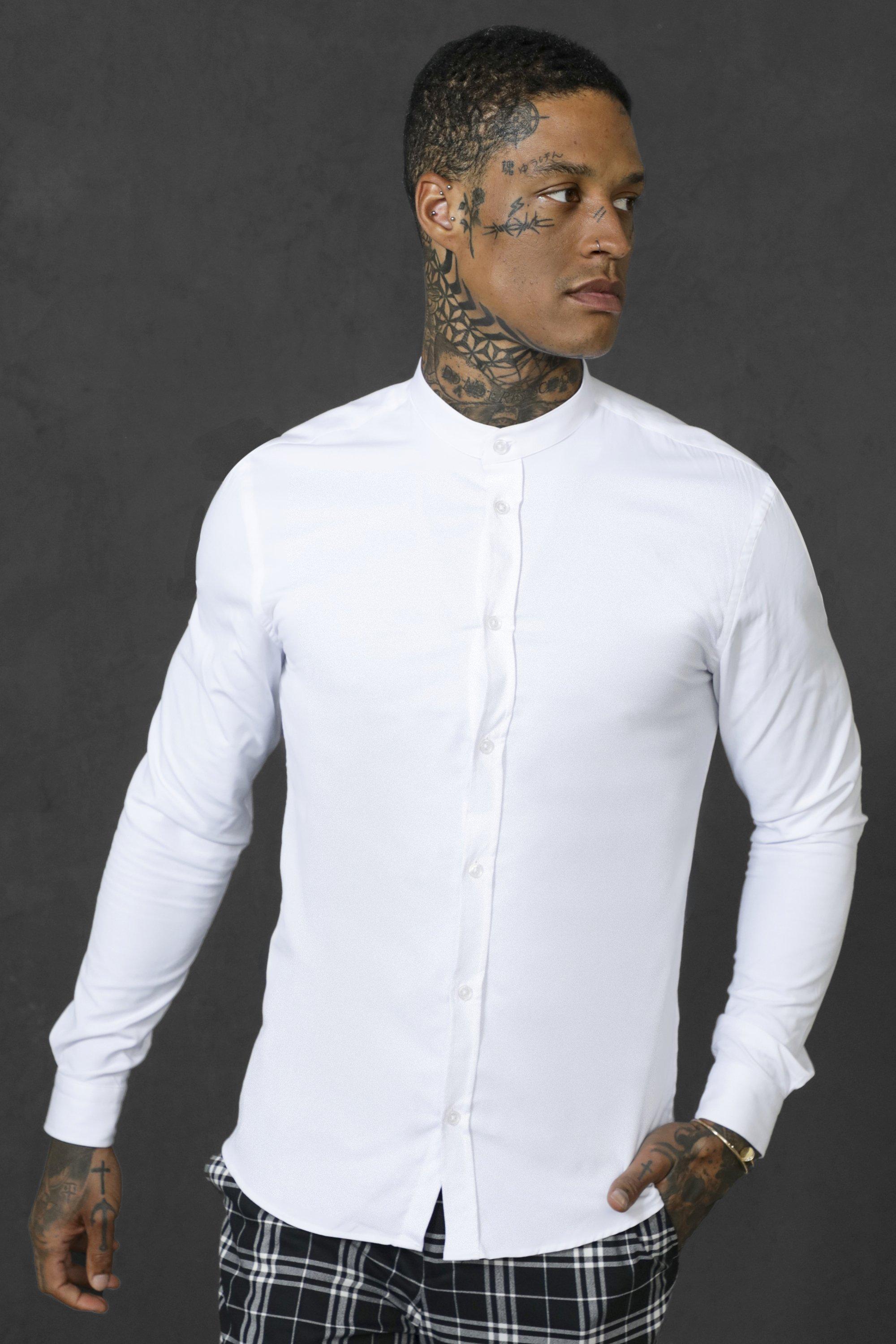 Mens White Long Sleeve Grandad Collar Stretch Shirt, White