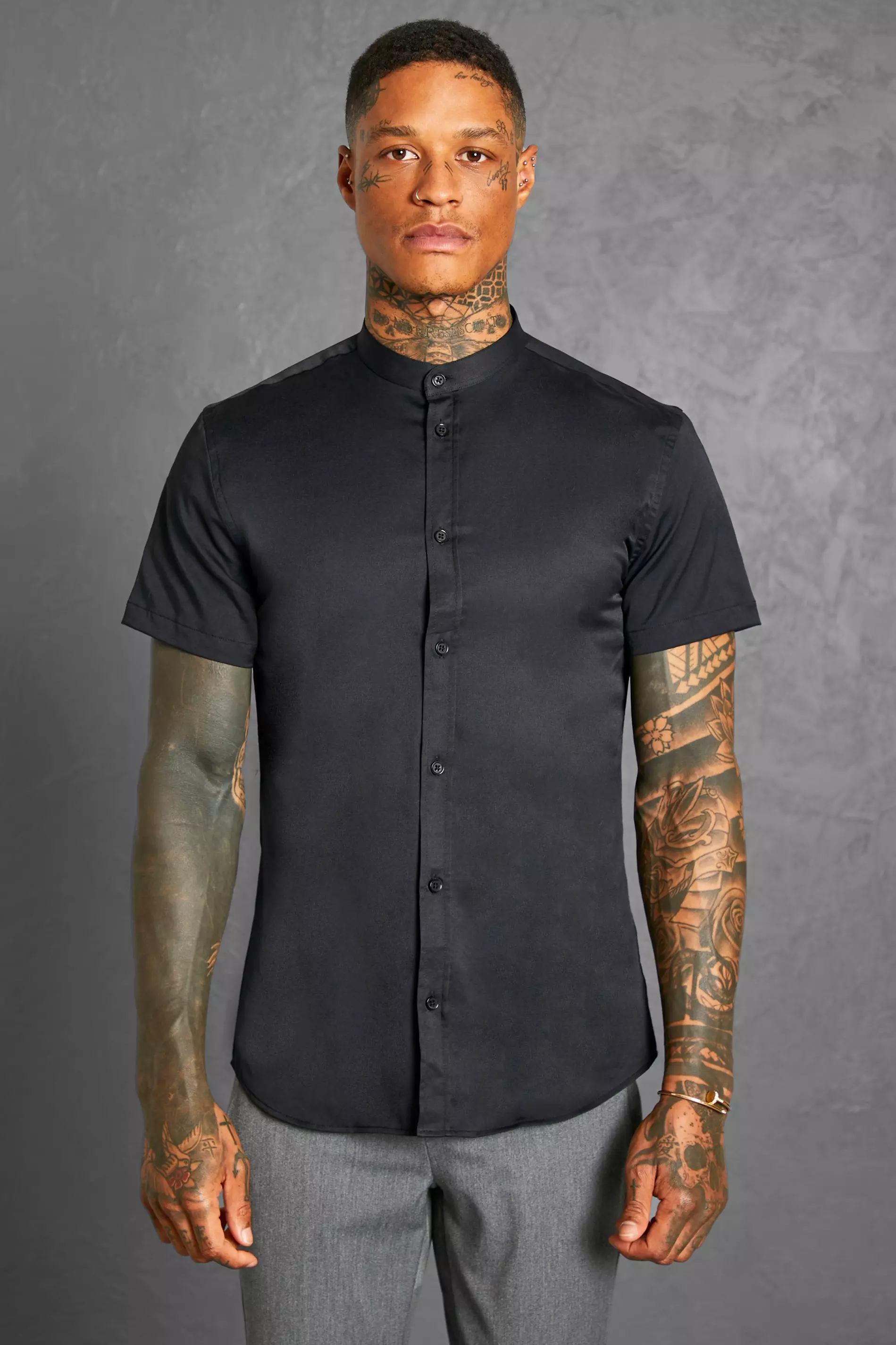 Slim Fit Cotton Stretch Grandad Collar Shirt