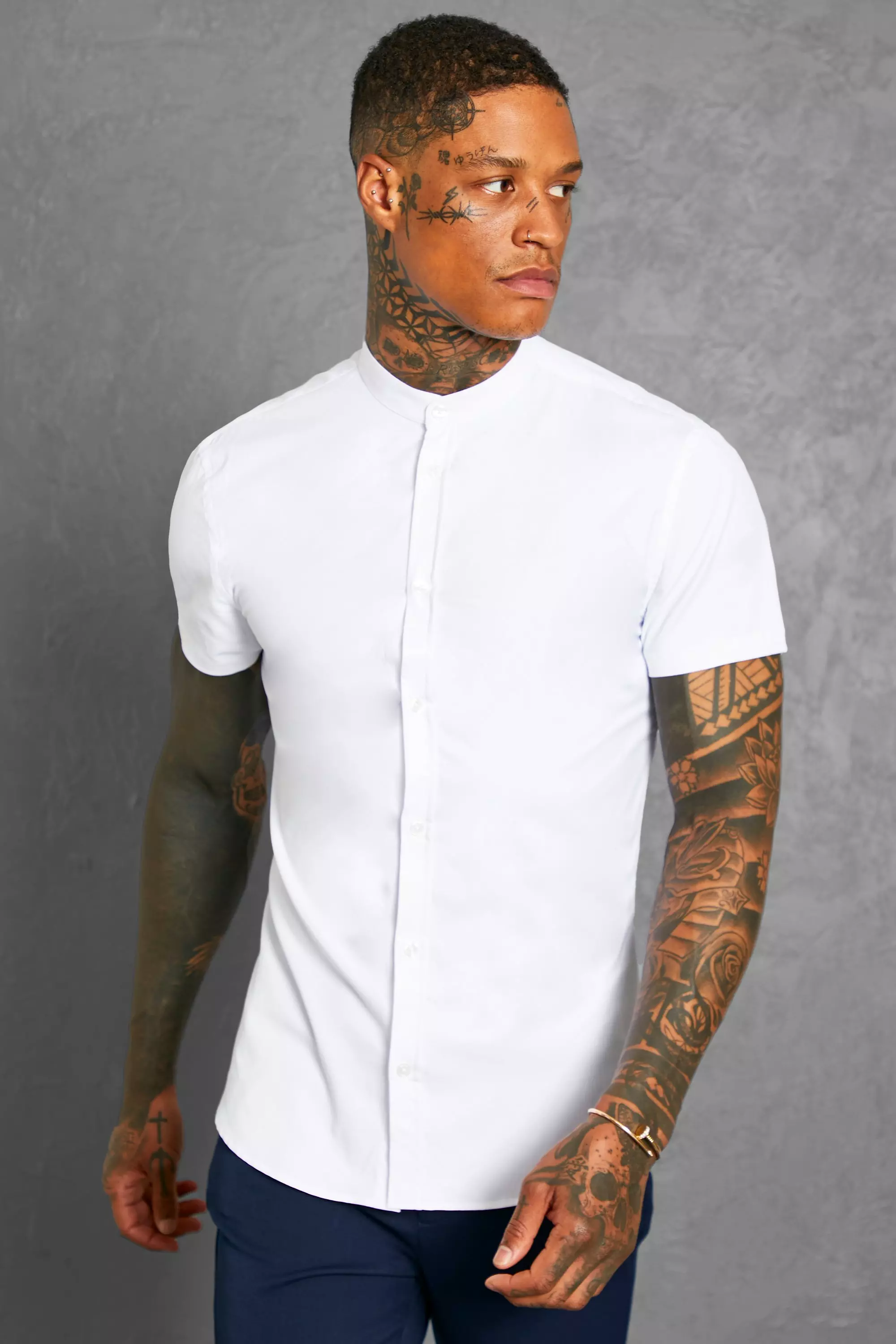 mens slim fit grandad collar shirt