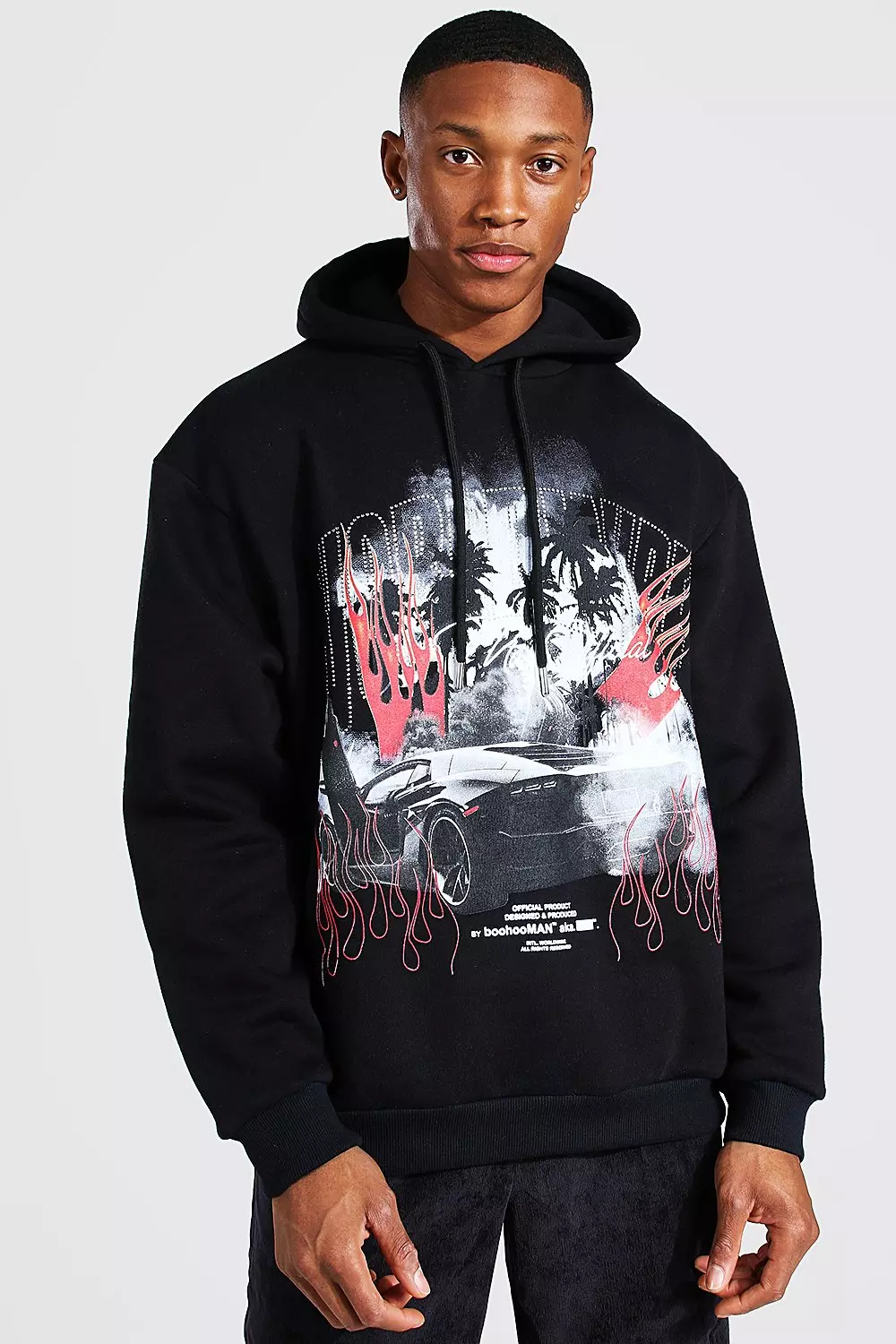 Oversized Car Print And Rhinestones Hoodie