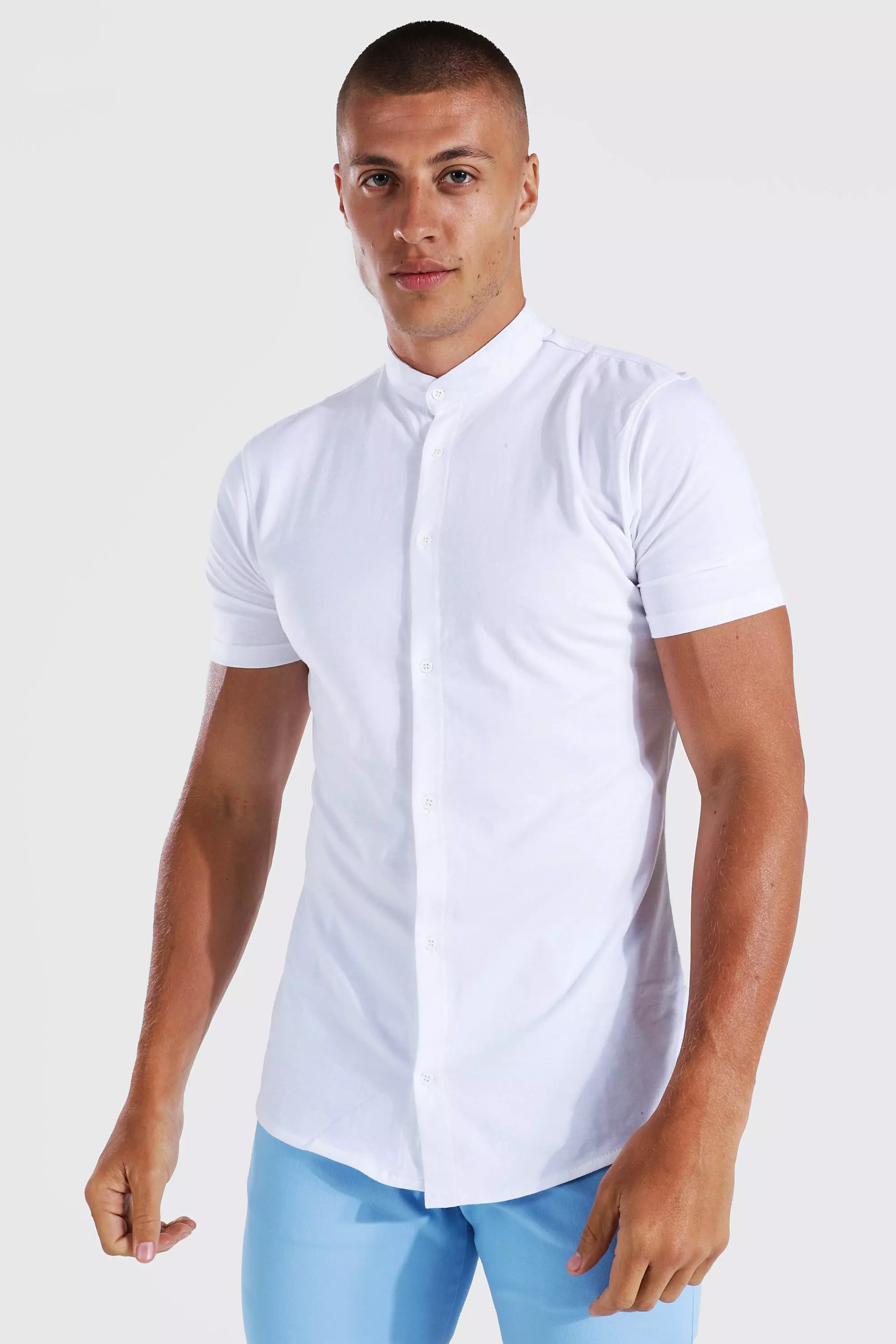 White grandad collar hot sale shirt short sleeve