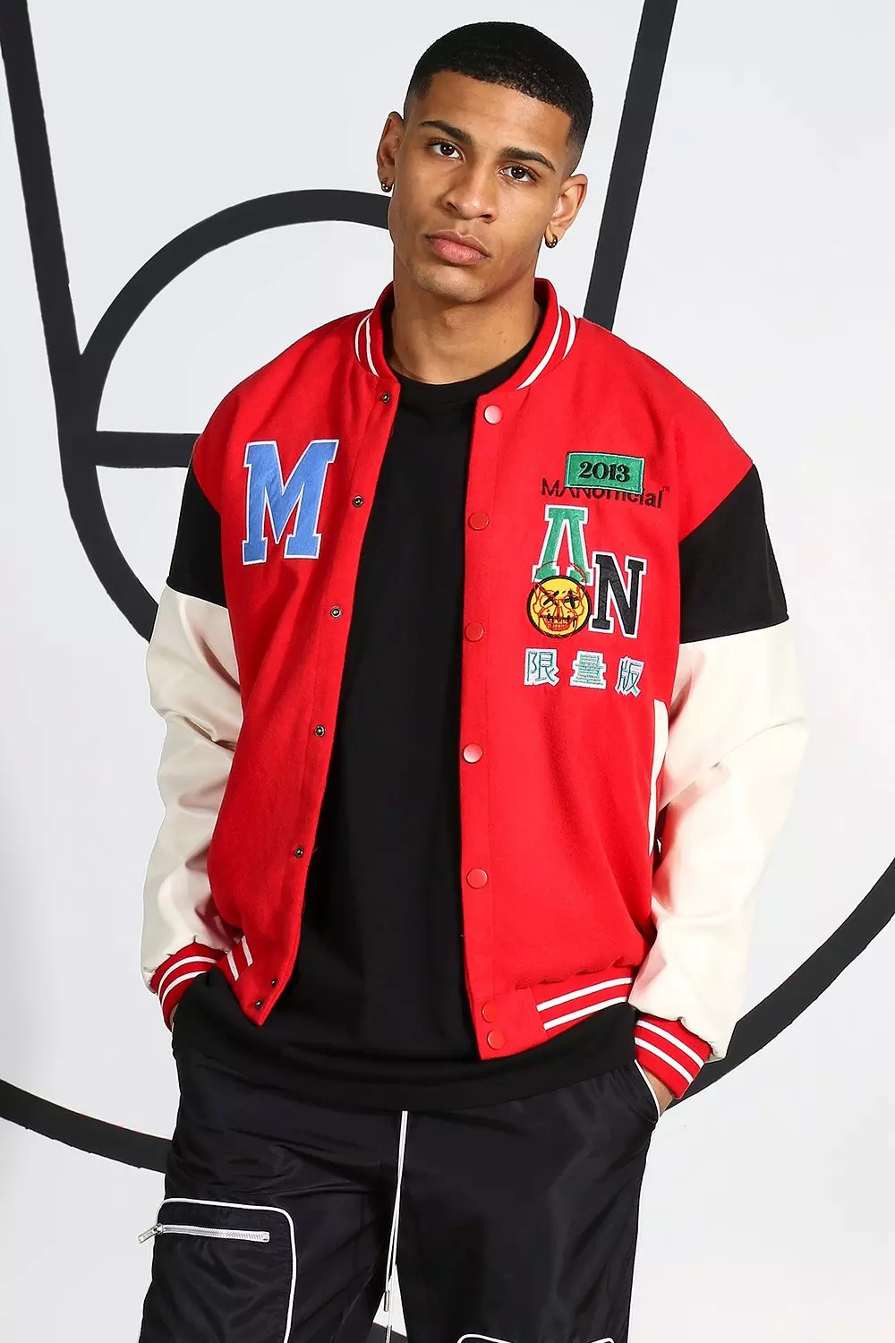 BoohooMAN Plus Red and White Cotton Jersey Bomber Varsity Jacket with  Badges