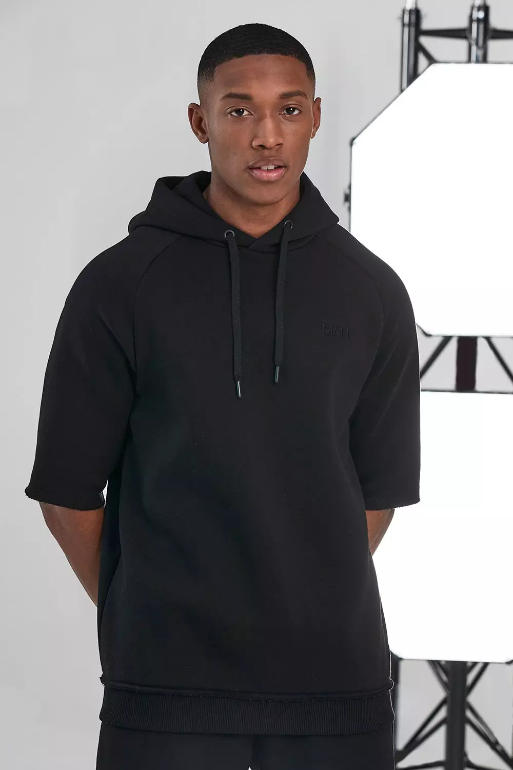 Black short best sale sleeve hoodie mens