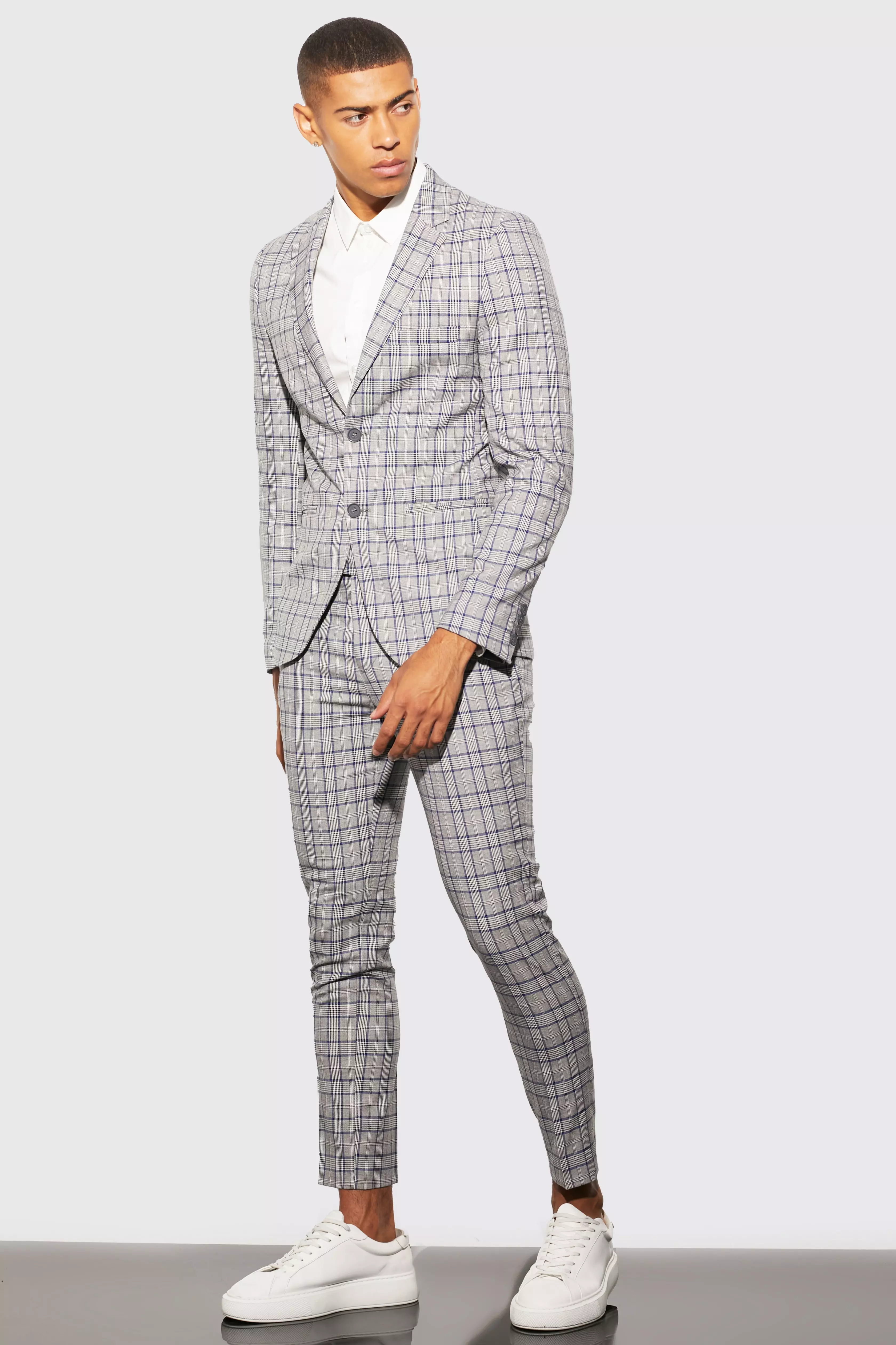 Buy Men Grey Super Slim Fit Check Flat Front Formal Trousers Online -  779800