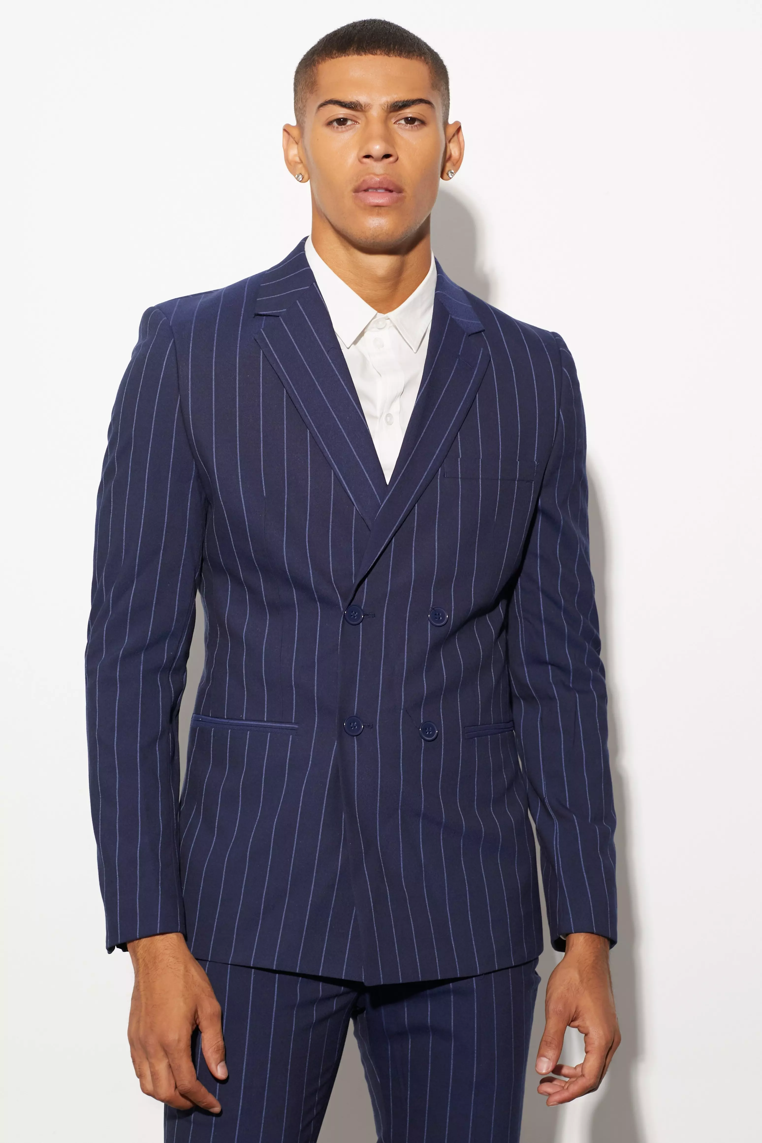 Navy Blue Men Suit Striped Double-Breasted Blazer Work Wear