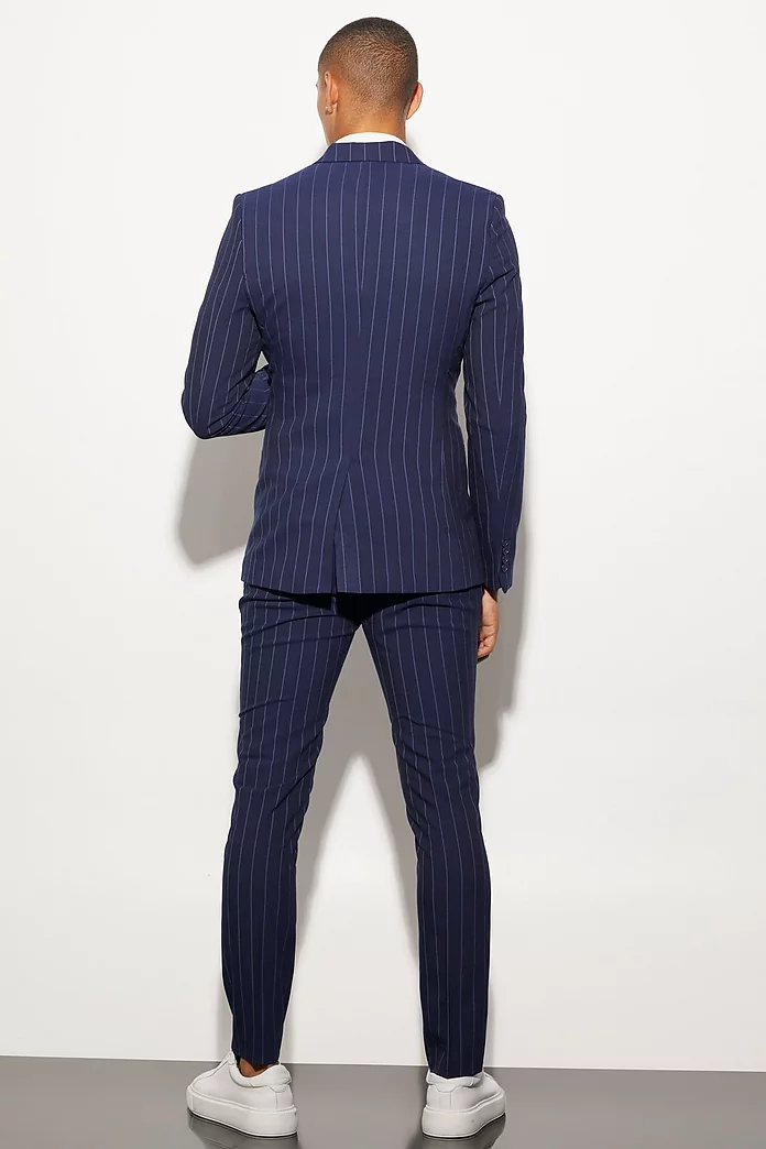 Skinny Navy Pinstripe Double Breasted Jacket