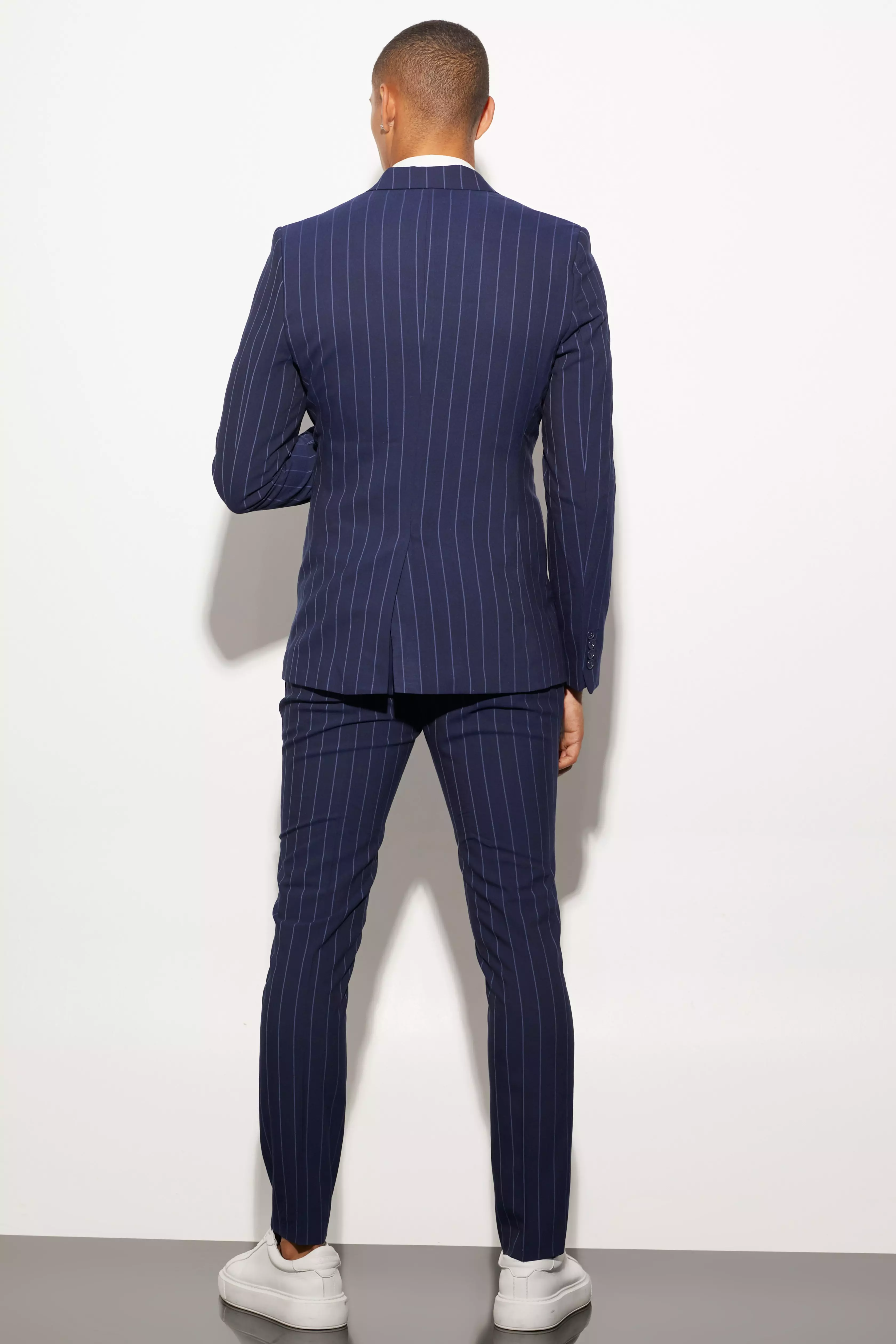 Skinny Navy Pinstripe Double Breasted Jacket | boohooMAN USA