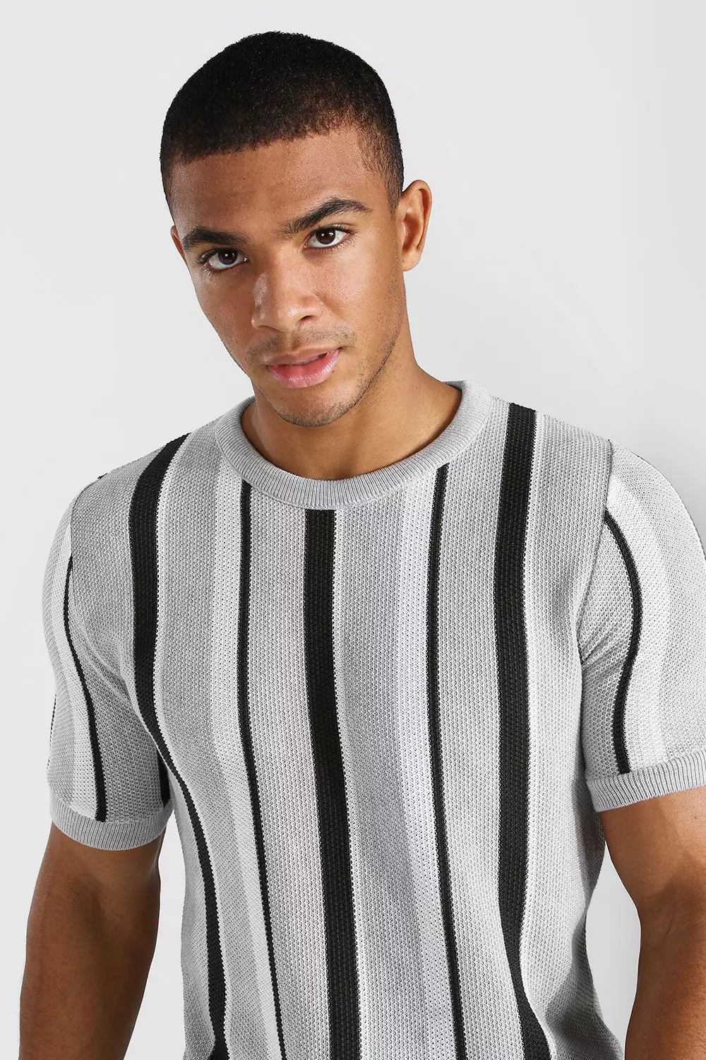 Regualr Fit Vertical Stripe Knitted T-Shirt | boohooMAN USA