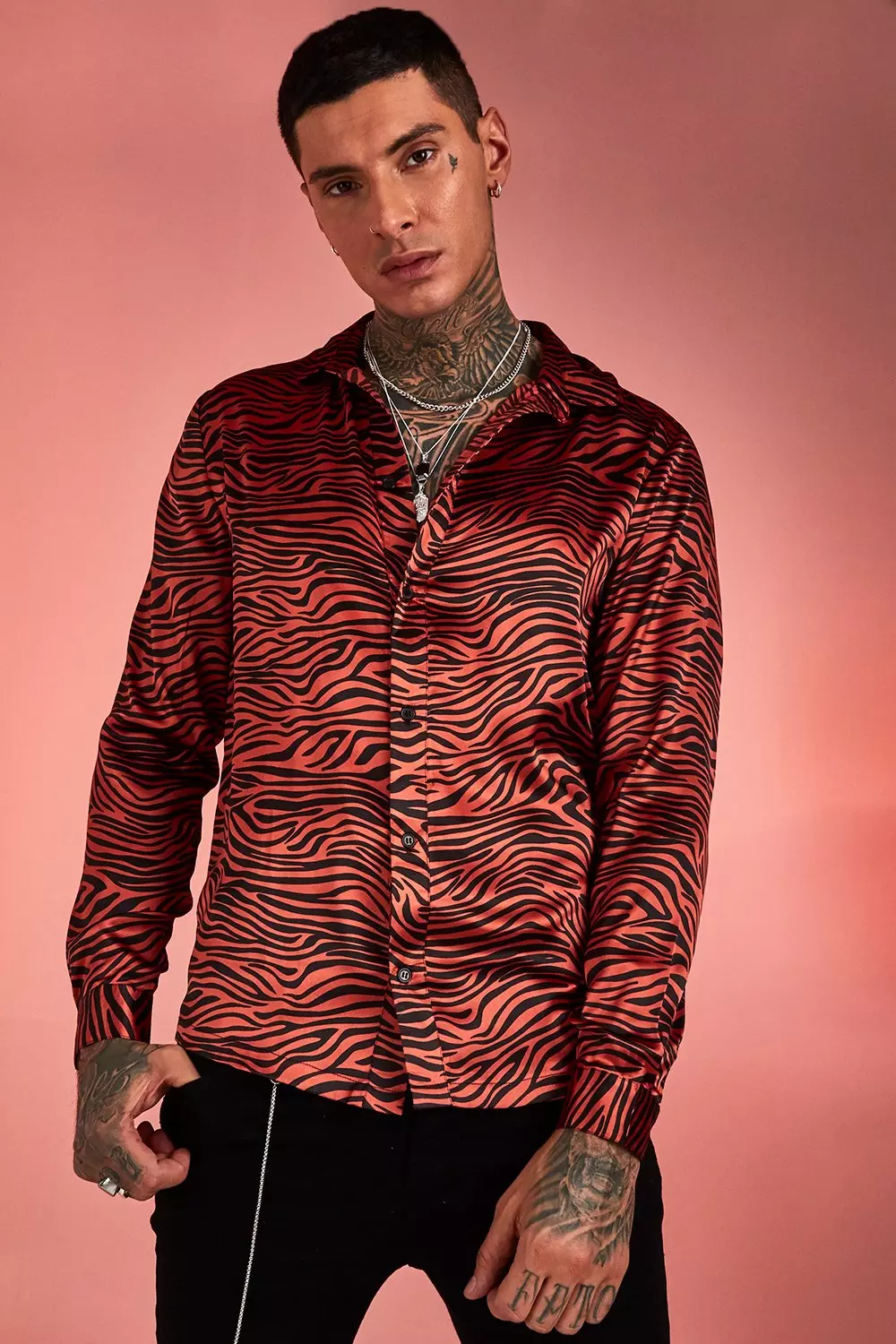 Long Sleeve Satin Tiger Print Shirt
