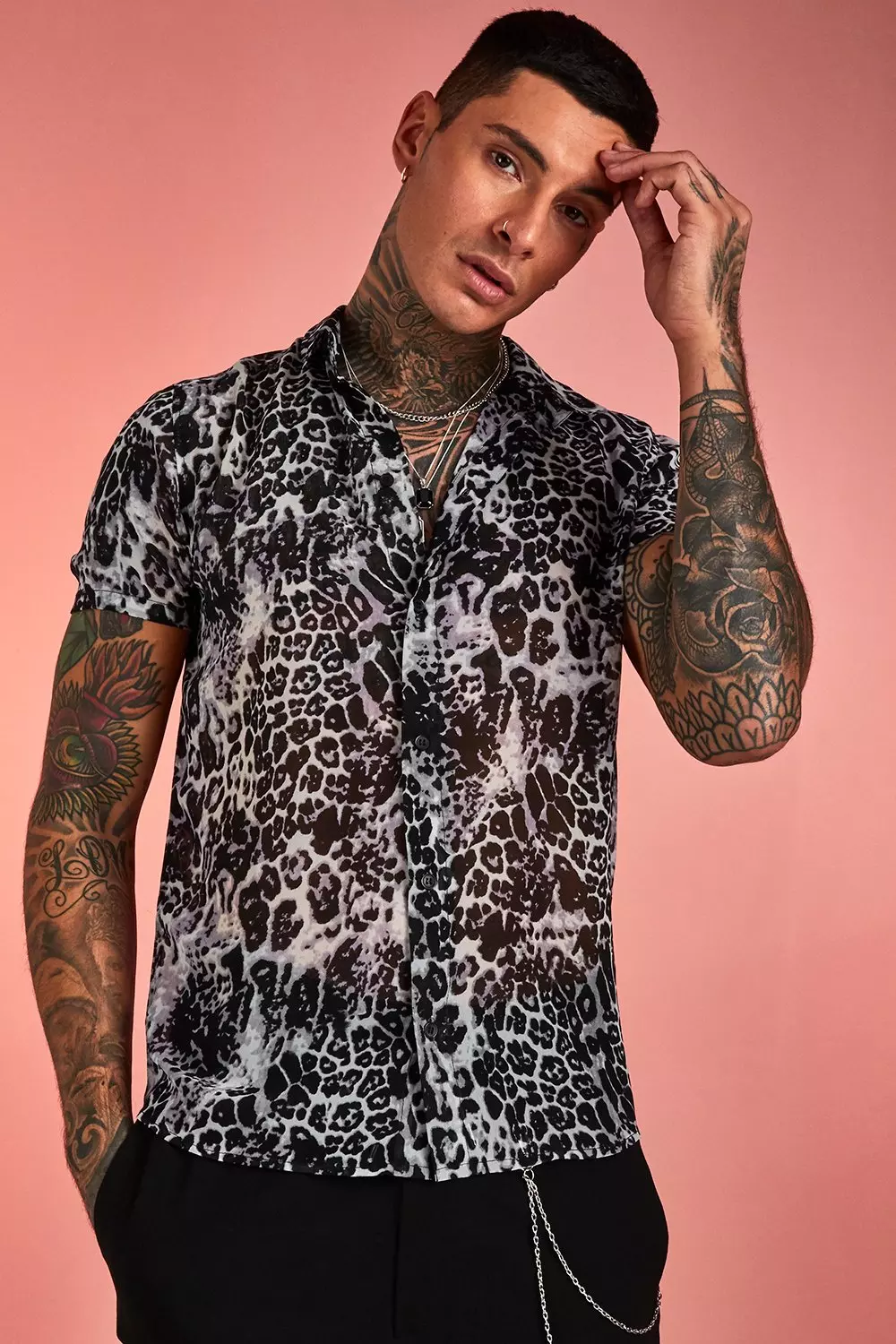 Leopard print short hot sale sleeve shirt mens