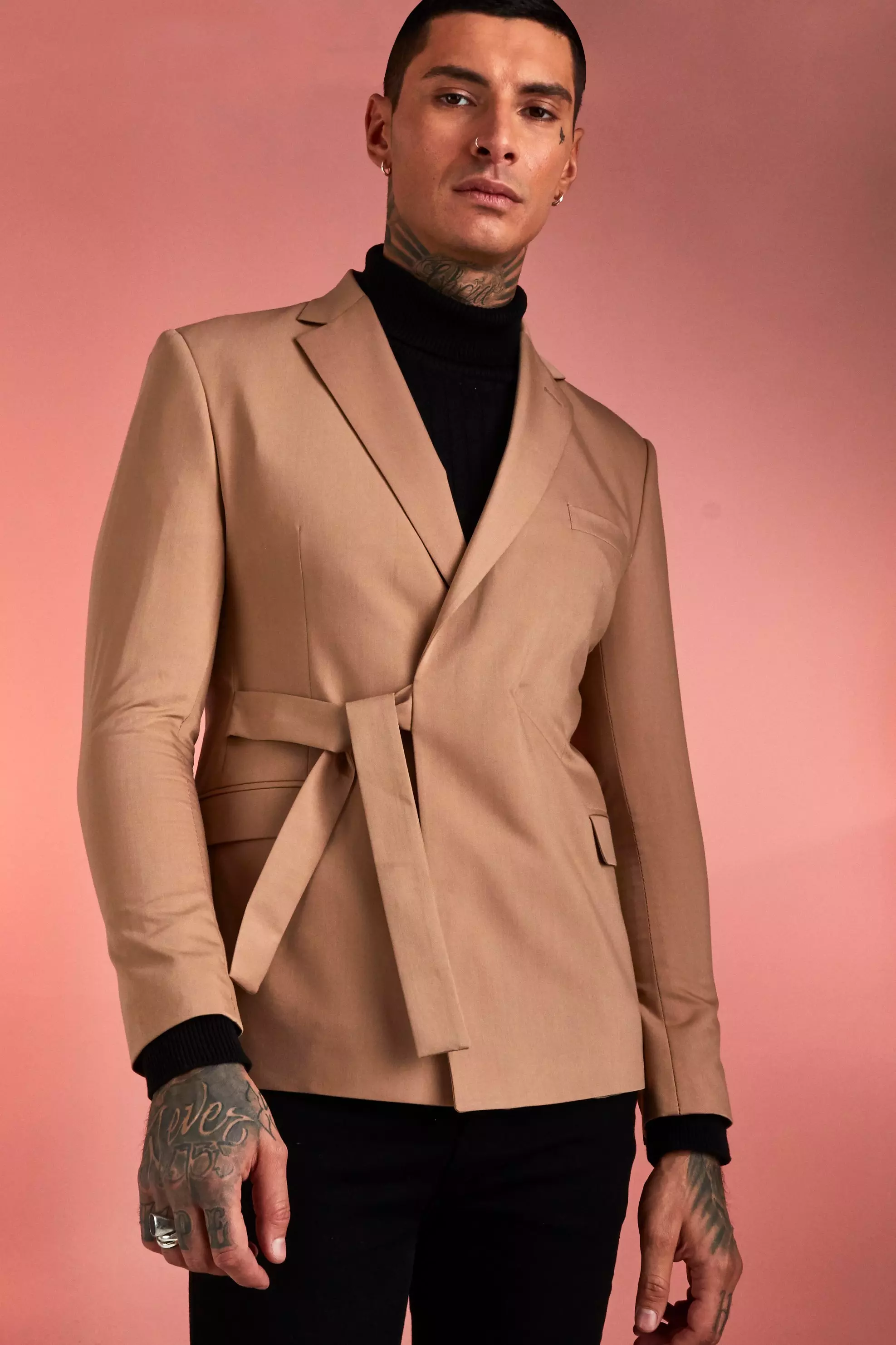 Plain Tie Waist Belt Double Breasted Jacket