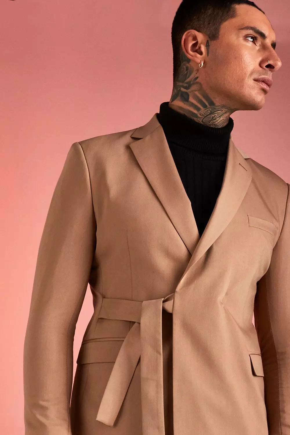 Plain Tie Waist Belt Double Breasted Jacket boohooMAN