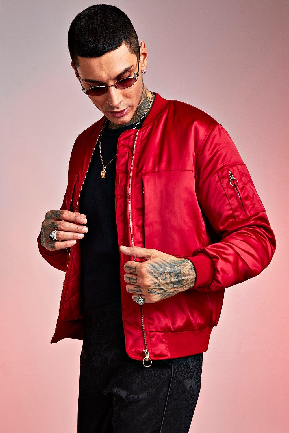 red satin bomber jacket mens