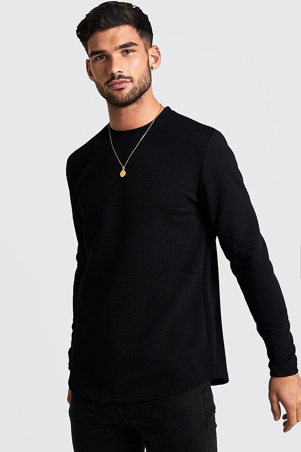 

Футболка с длинными рукавами из вафельной ткани с фигурной кромкой, Black