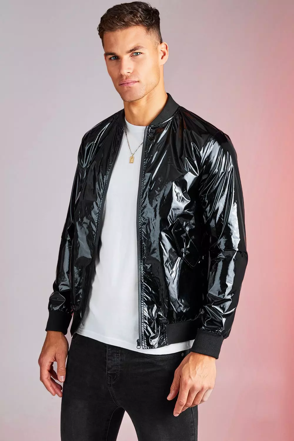 Black shiny bomber sales coat