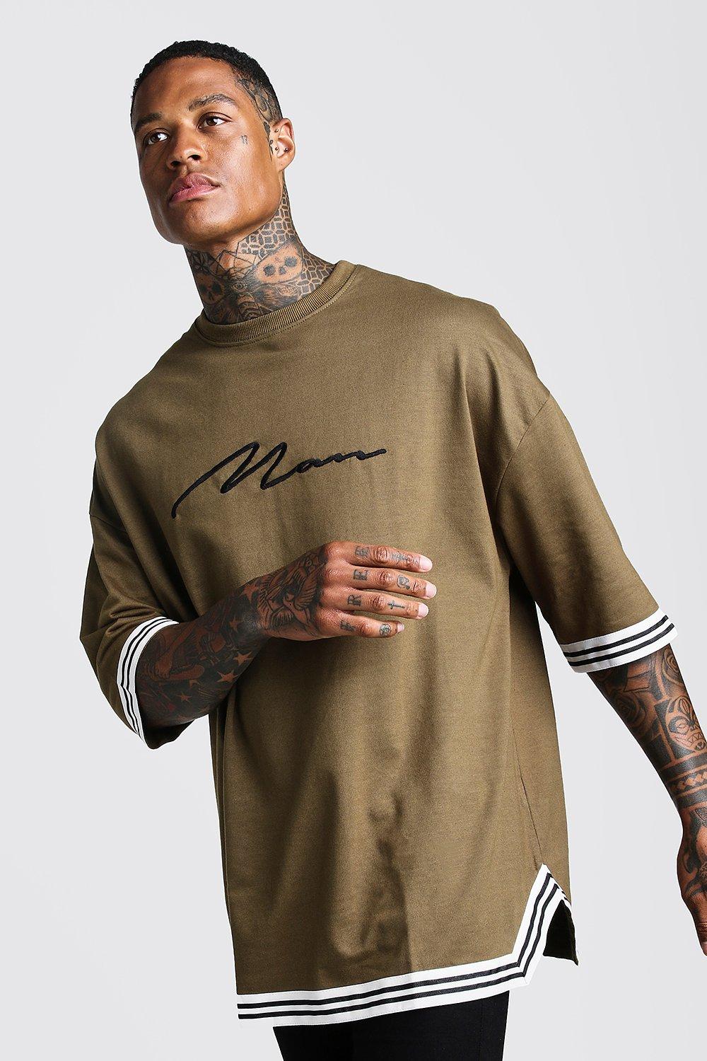 

Фирменная футболка MAN оверсайз с лентами и заниженной линией плеч, Khaki
