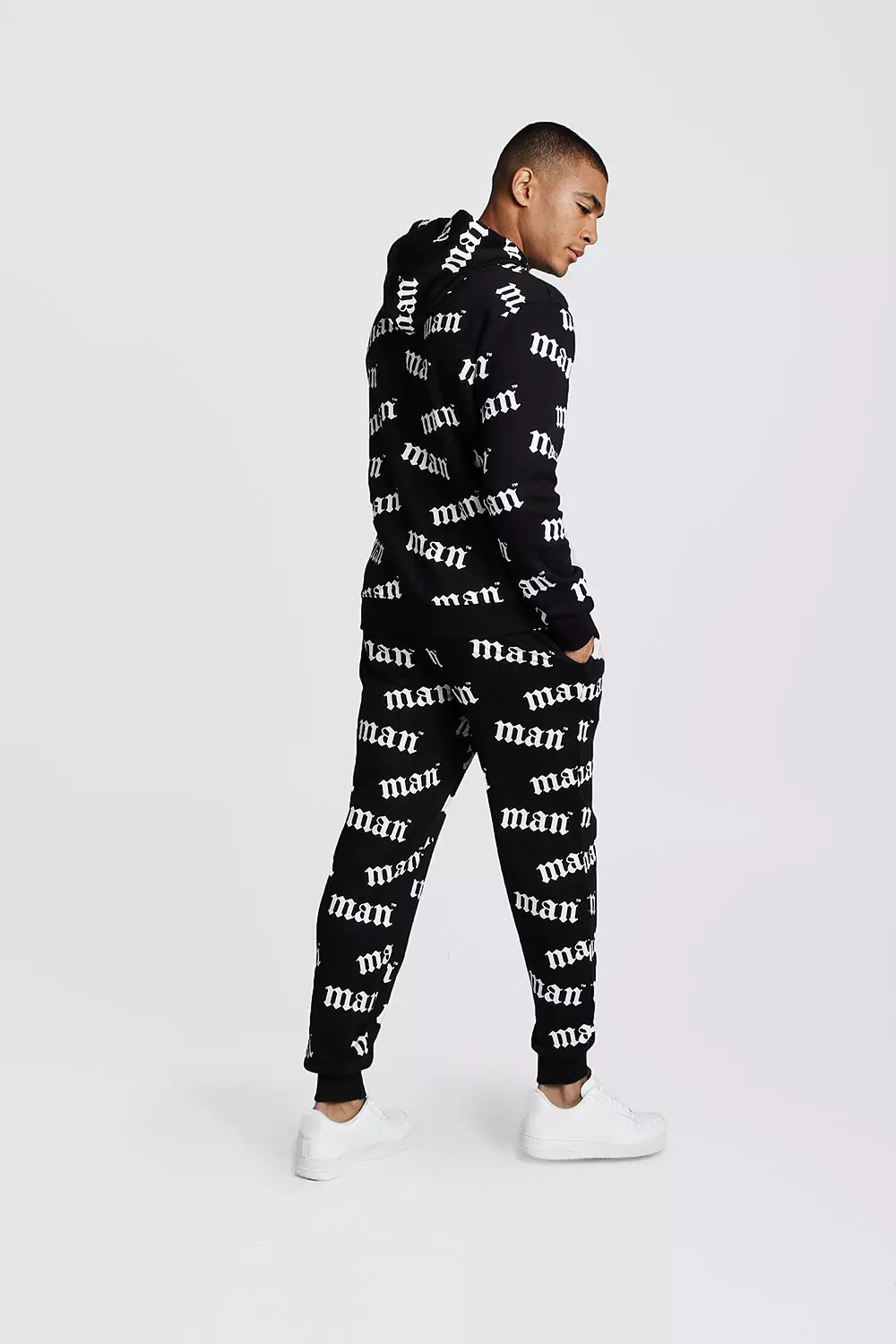 All over man printed hooded tracksuit black sale