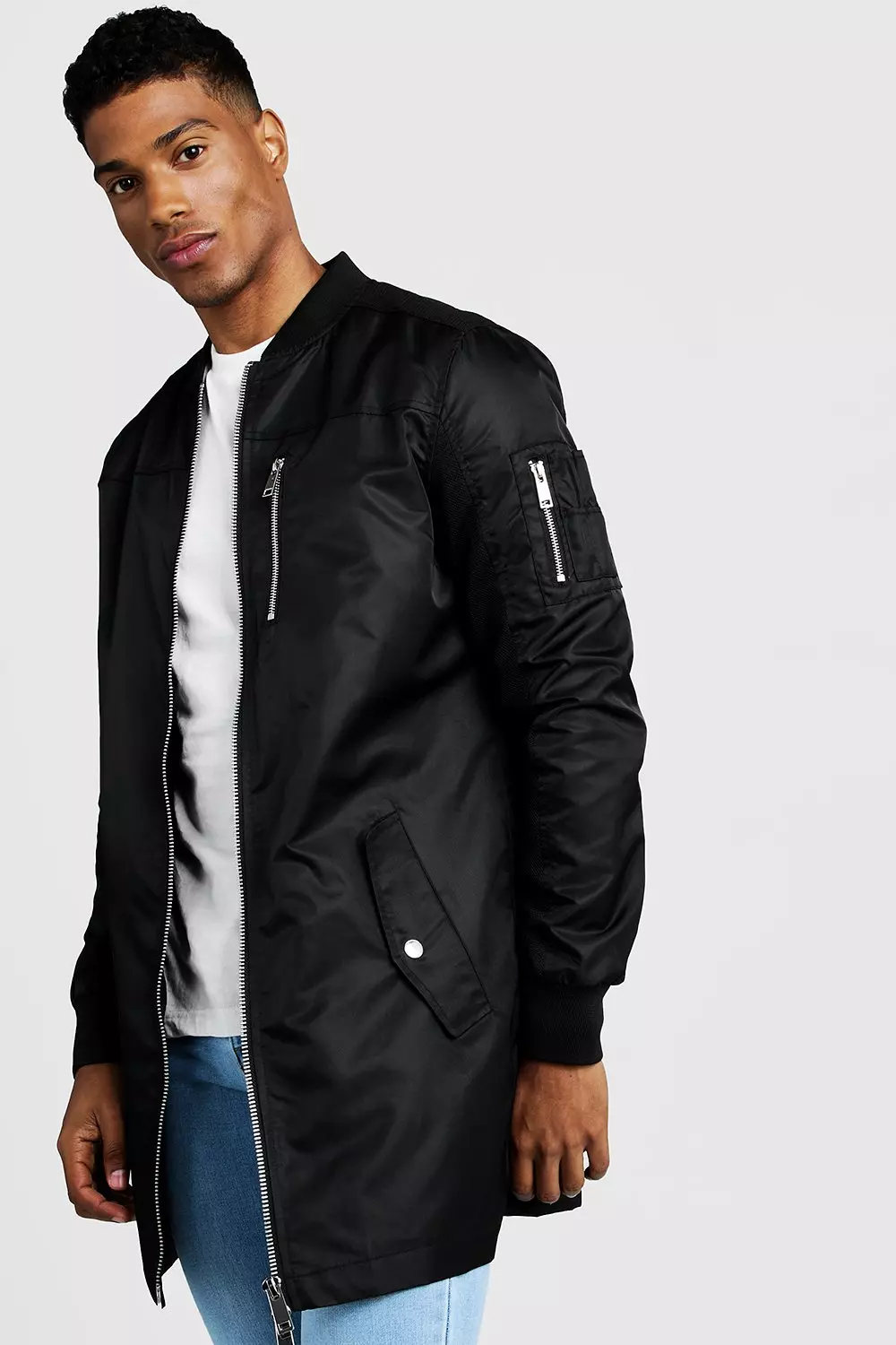 Longline Bomber Jacket With Zip