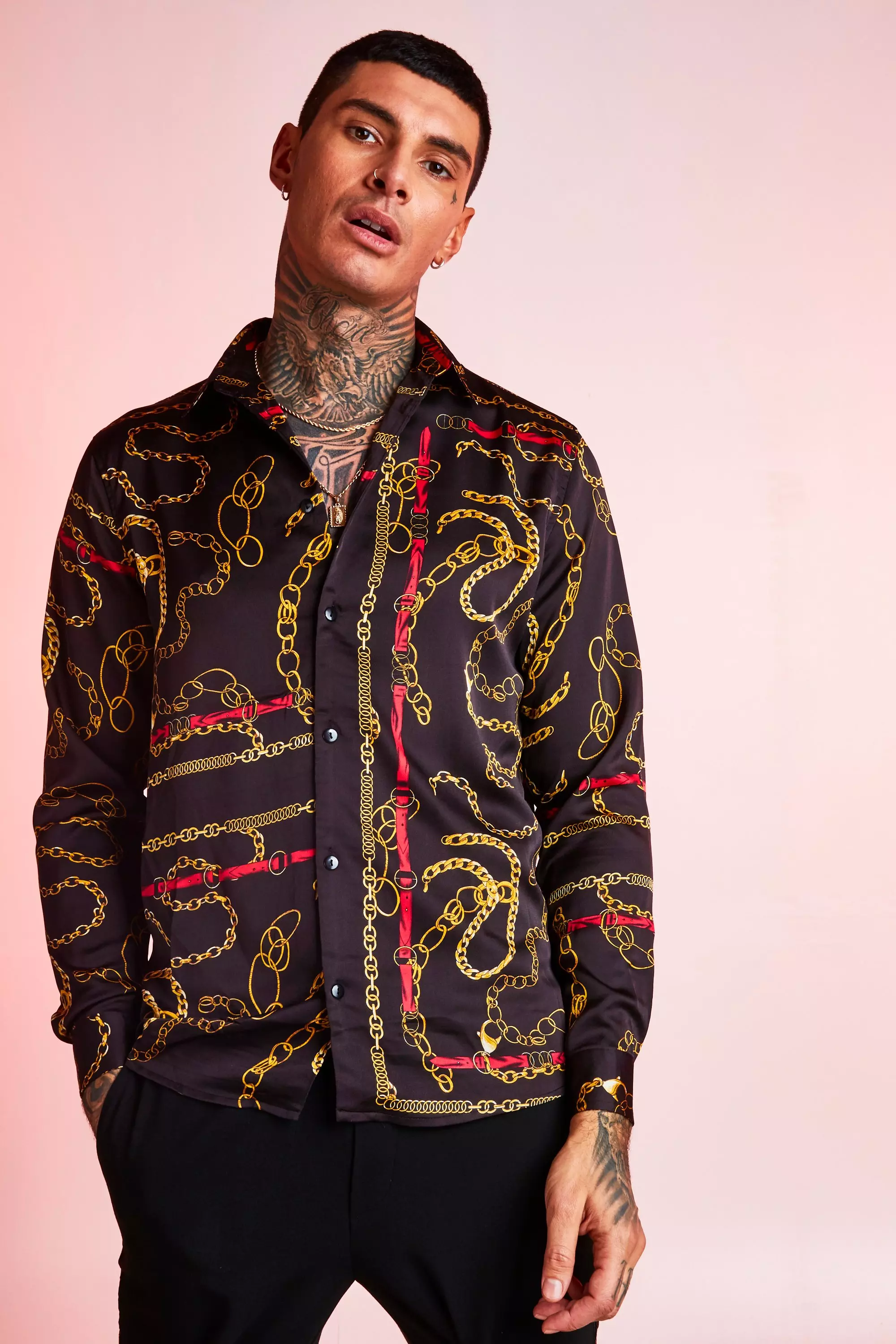 Black chain printed long sleeve outlet shirt