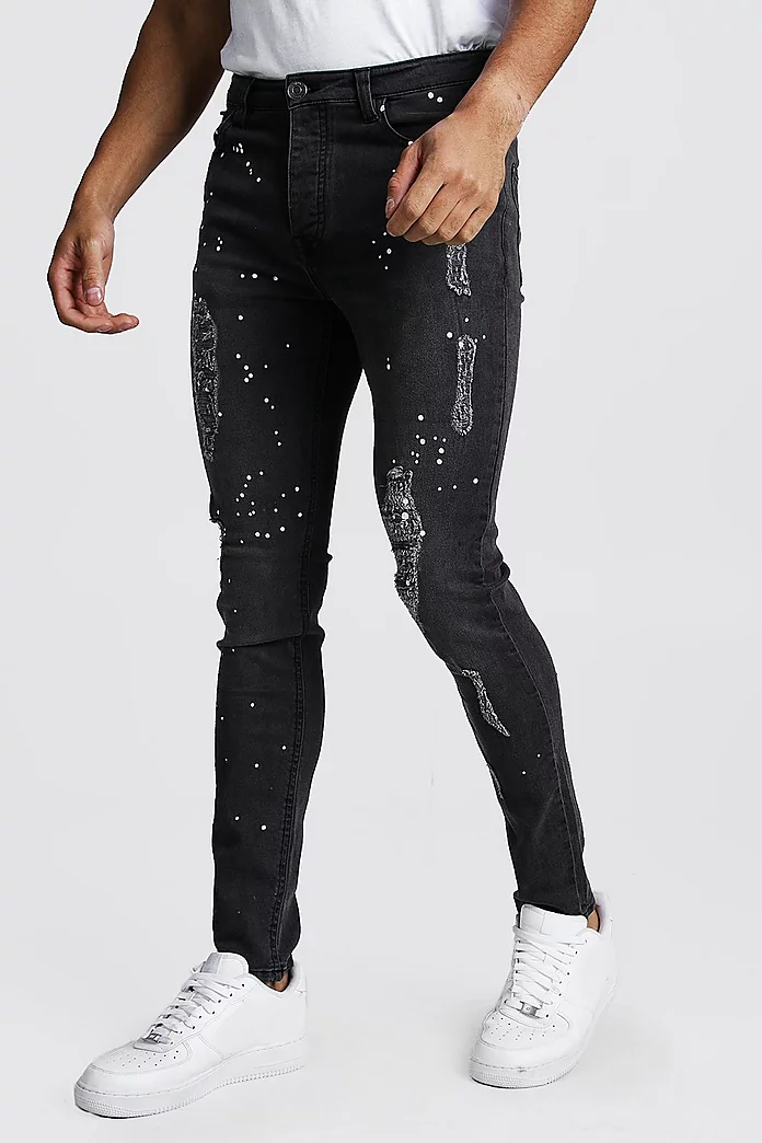 Black BoohooMAN Cotton Plus Super Skinny Paint Splatter Jean in Washed Black Mens Clothing Jeans Skinny jeans for Men 