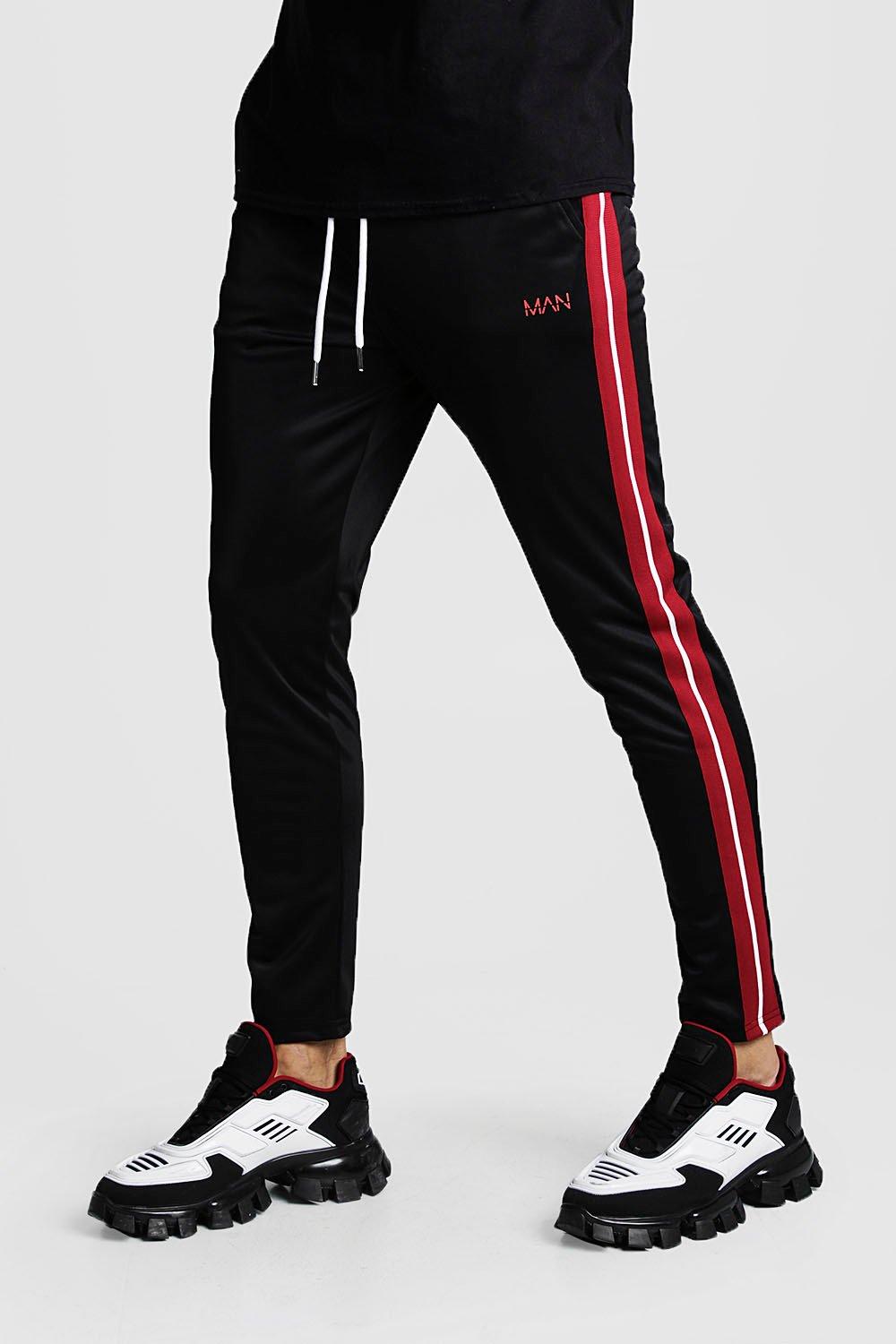 mens black joggers with red stripe